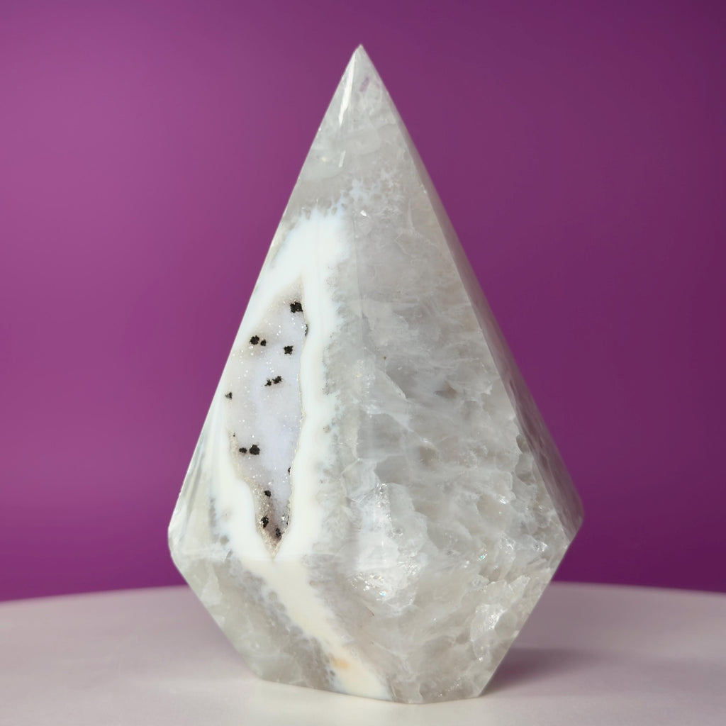 Brazilian Agate Diamond with Sugar Druzy Crystal Free Form Display
