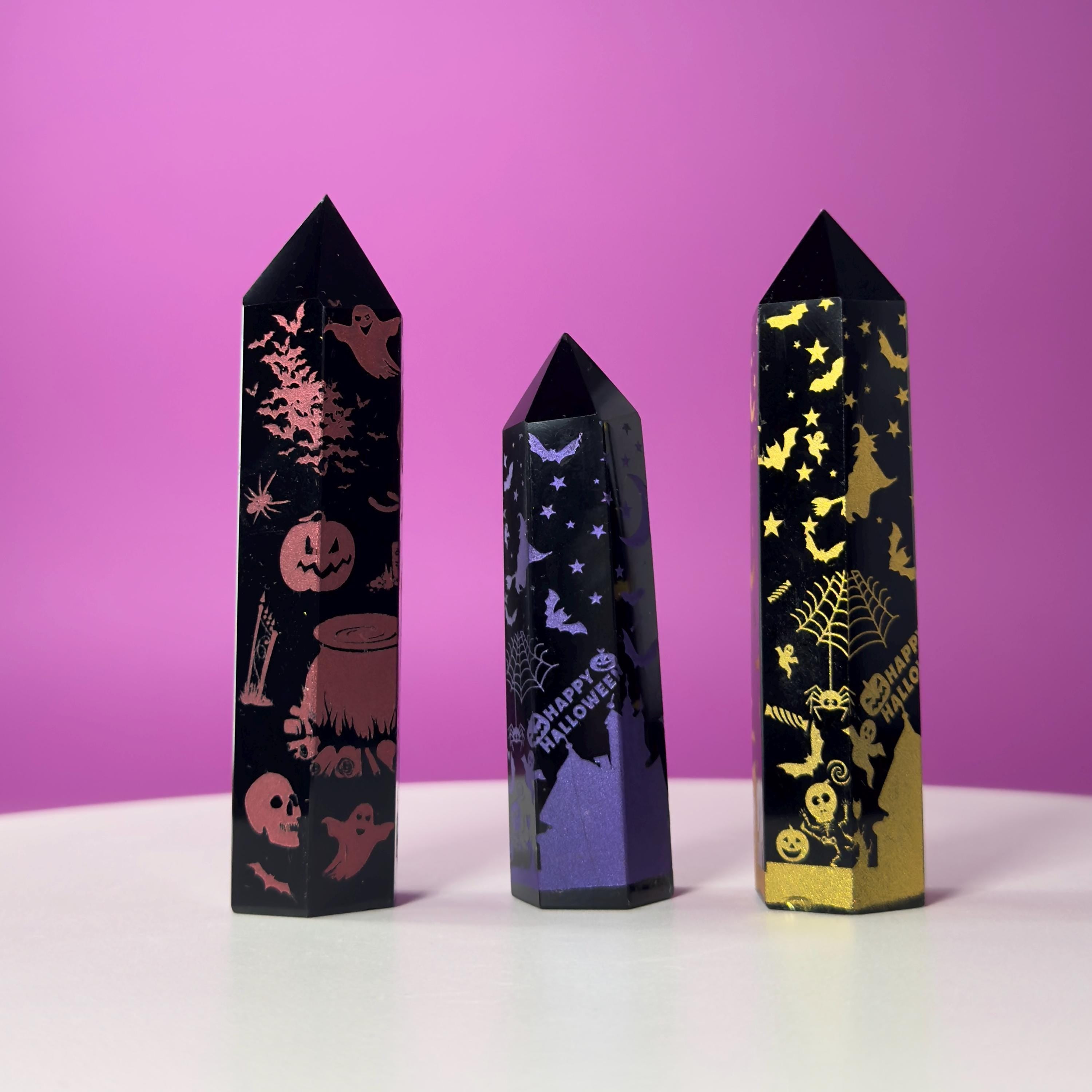 Black Obsidian Halloween Tower with Colorful Spooky Graphics