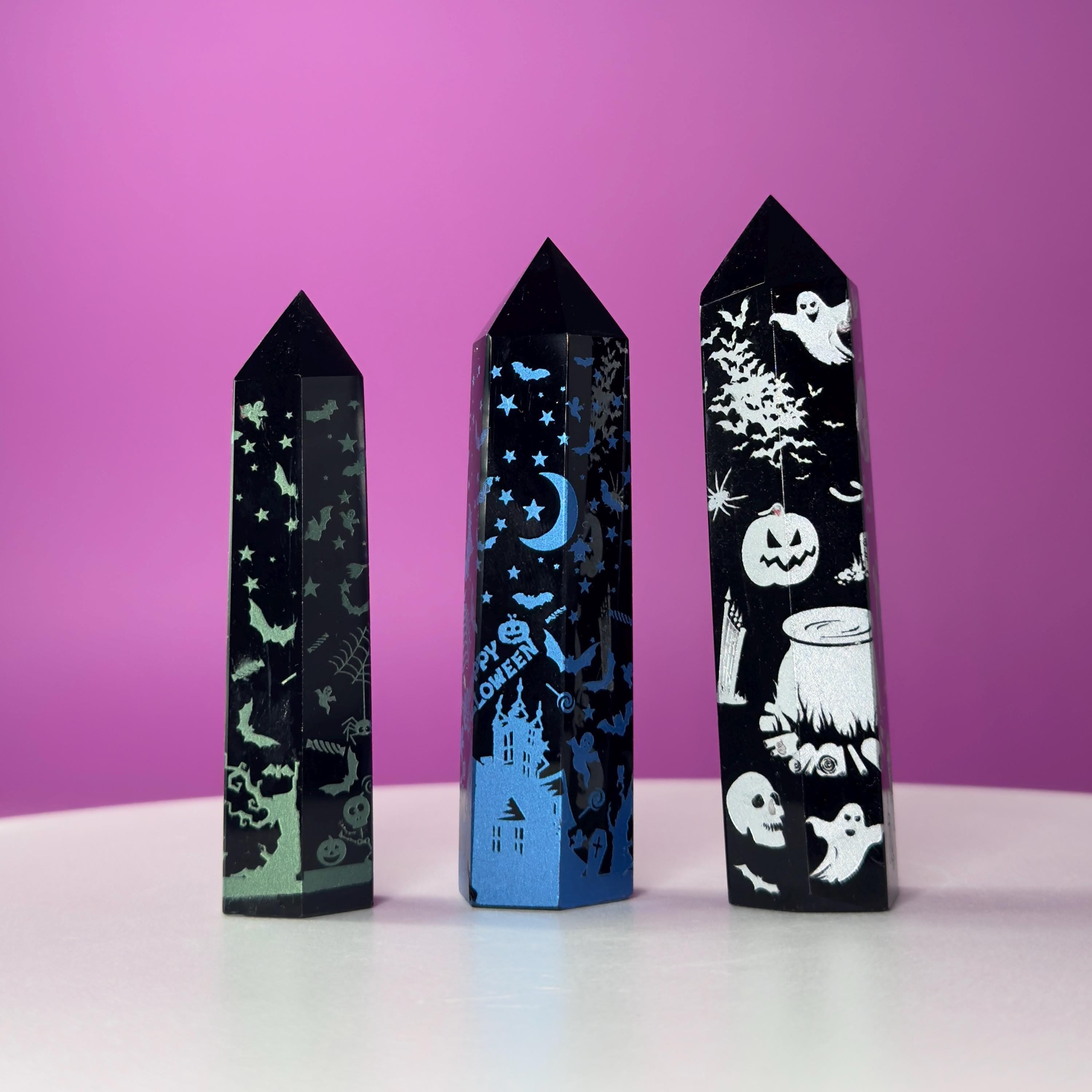 Black Obsidian Halloween Tower with Colorful Spooky Graphics