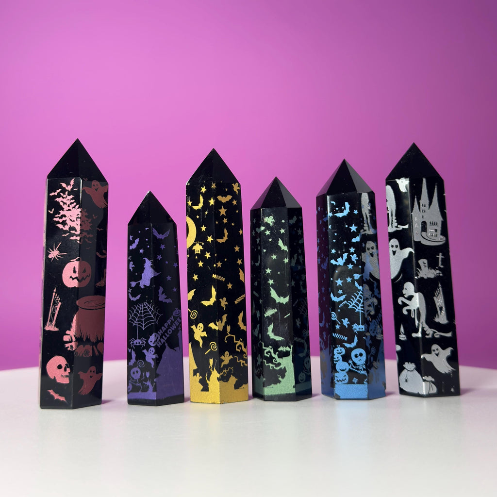Black Obsidian Halloween Tower with Colorful Spooky Graphics