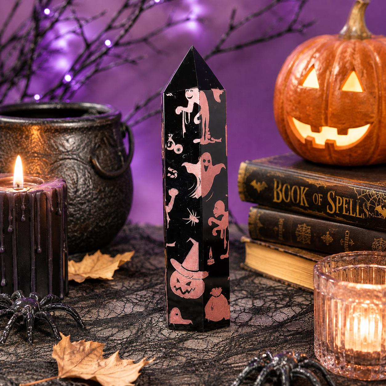 Black Obsidian Halloween Tower with Colorful Spooky Graphics