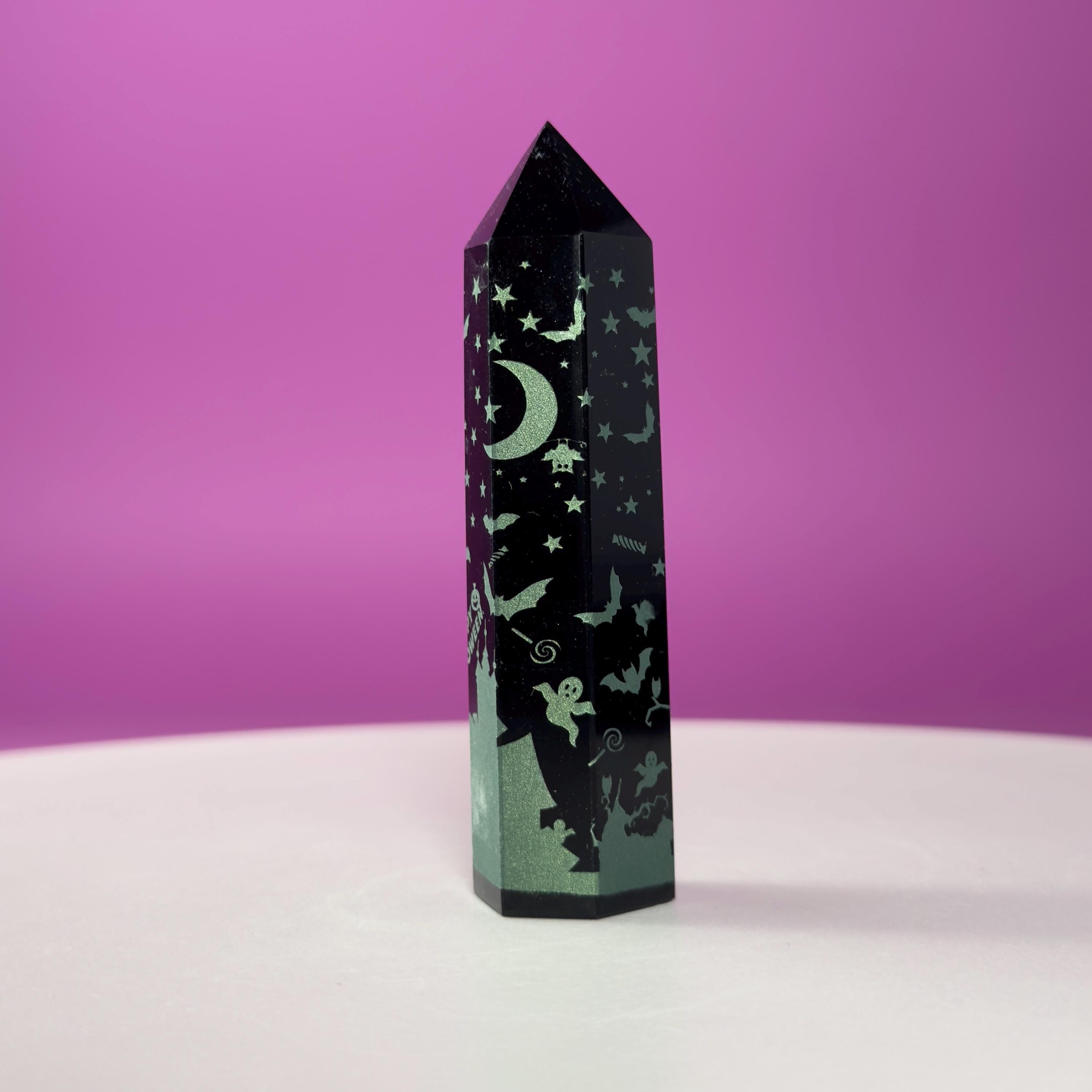 Black Obsidian Halloween Tower with Colorful Spooky Graphics