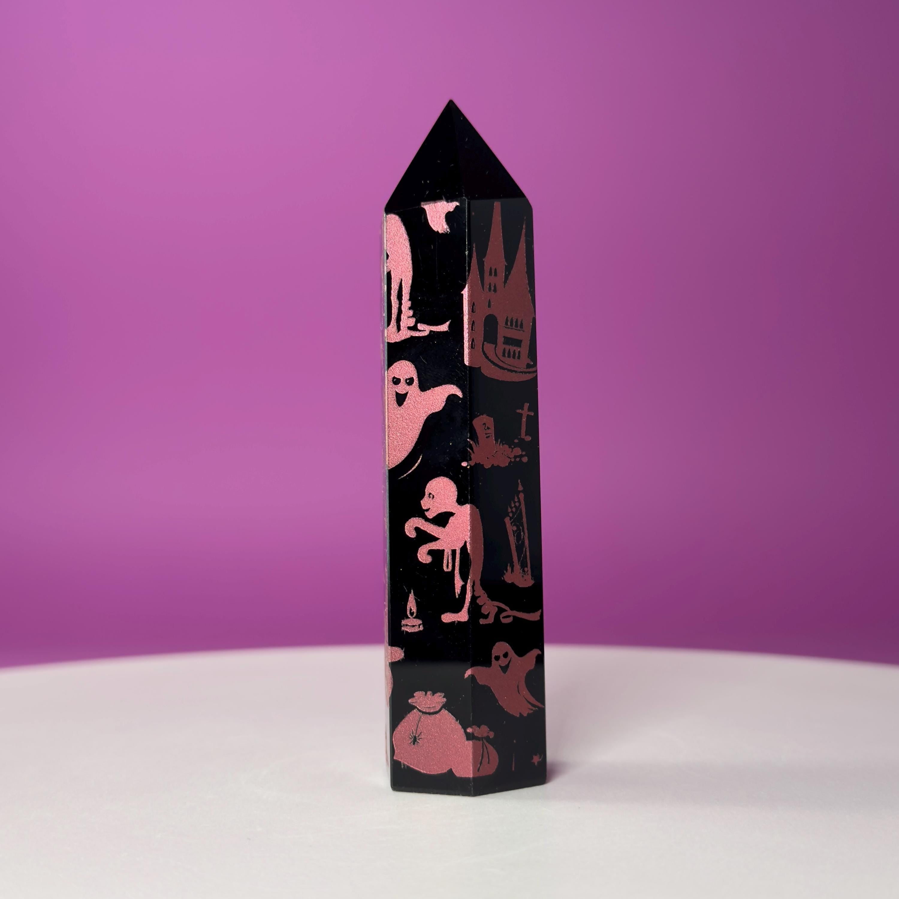 Black Obsidian Halloween Tower with Colorful Spooky Graphics
