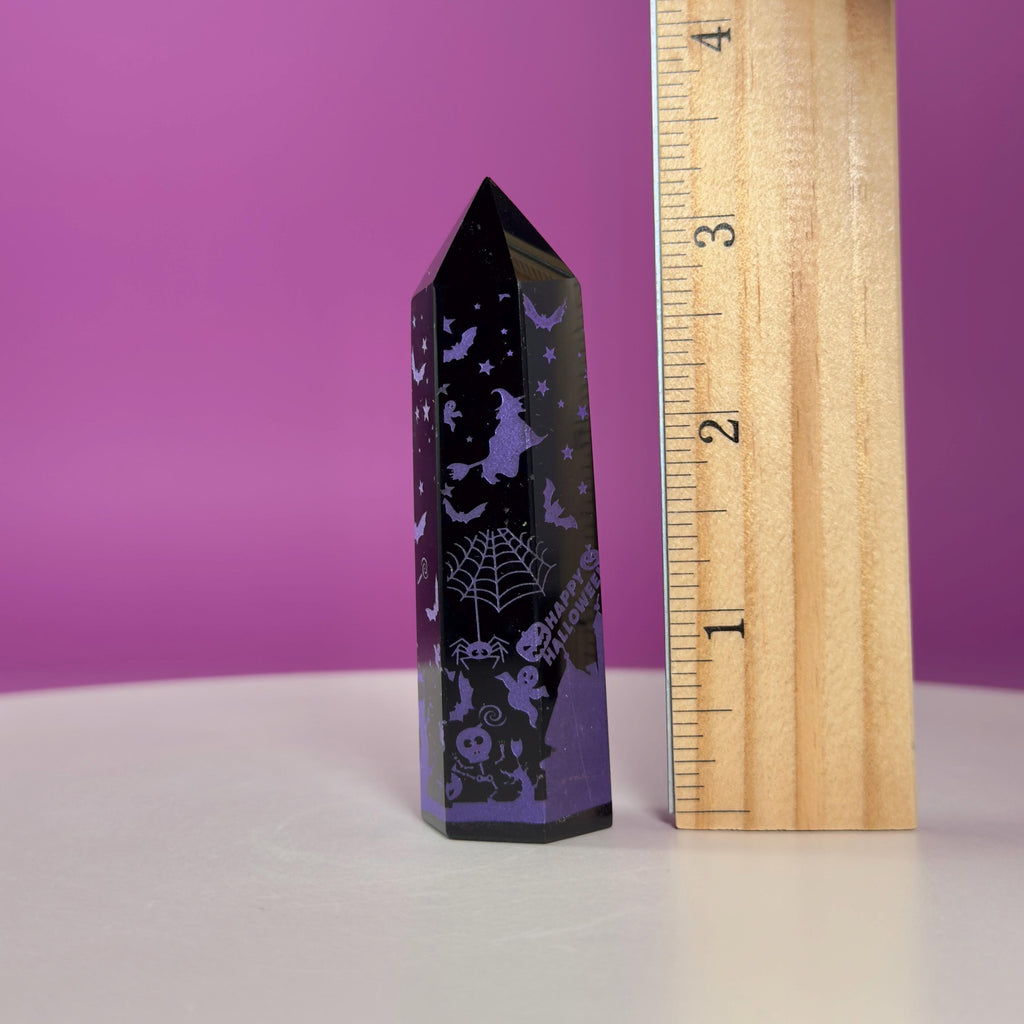 Black Obsidian Halloween Tower with Colorful Spooky Graphics