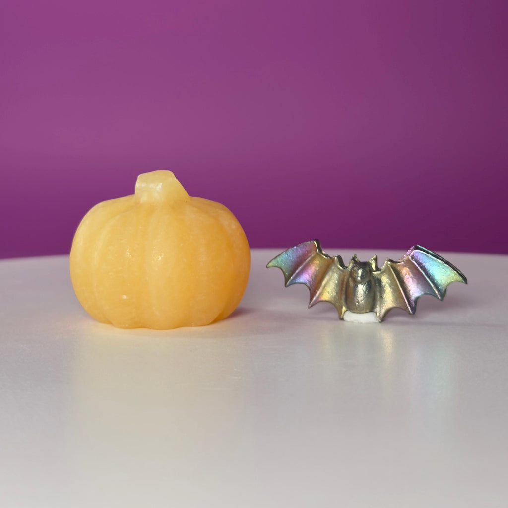 Orange Calcite Pumpkin & Aura Bismuth Bat Halloween Crystal Decor Set
