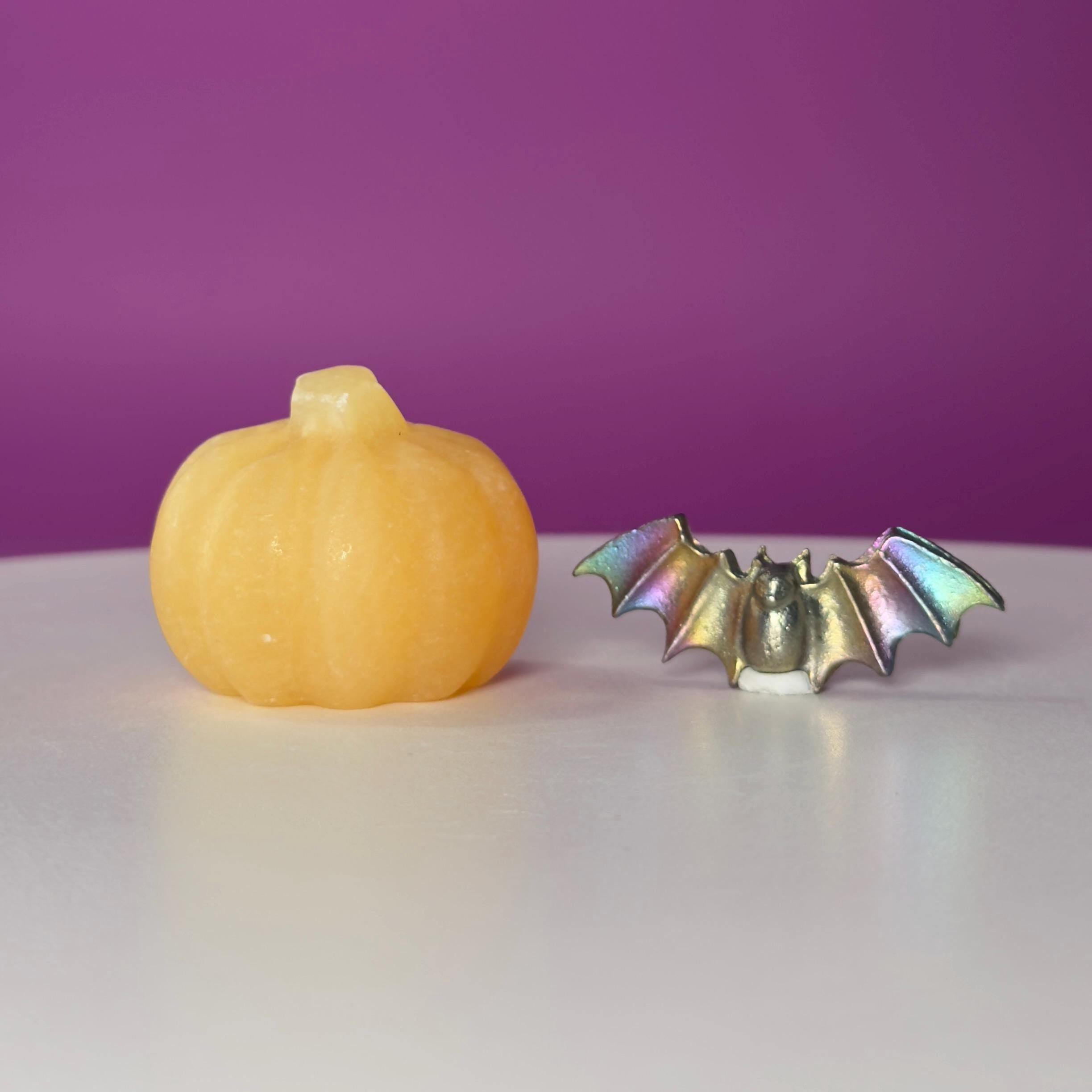 Orange Calcite Pumpkin & Aura Bismuth Bat Halloween Crystal Decor Set