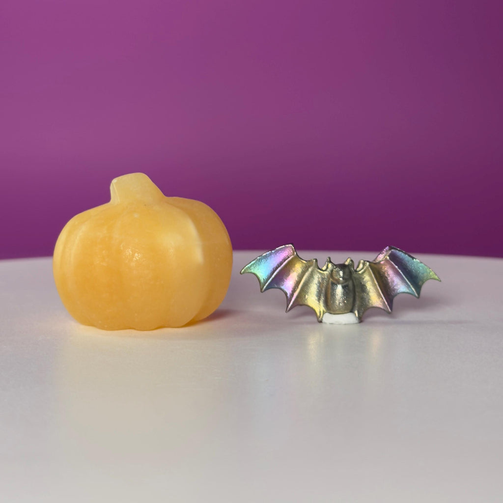 Orange Calcite Pumpkin & Aura Bismuth Bat Halloween Crystal Decor Set