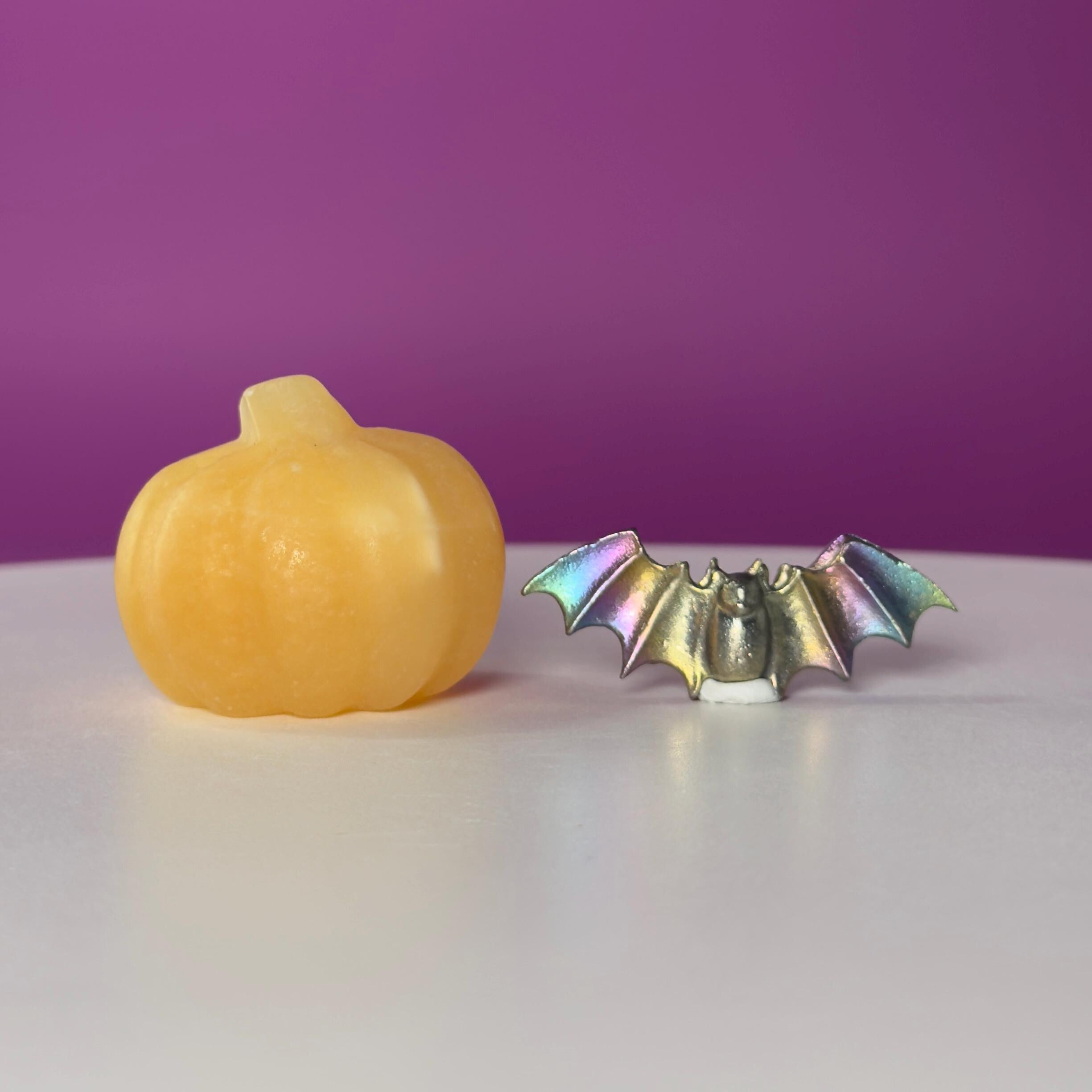 Orange Calcite Pumpkin & Aura Bismuth Bat Halloween Crystal Decor Set
