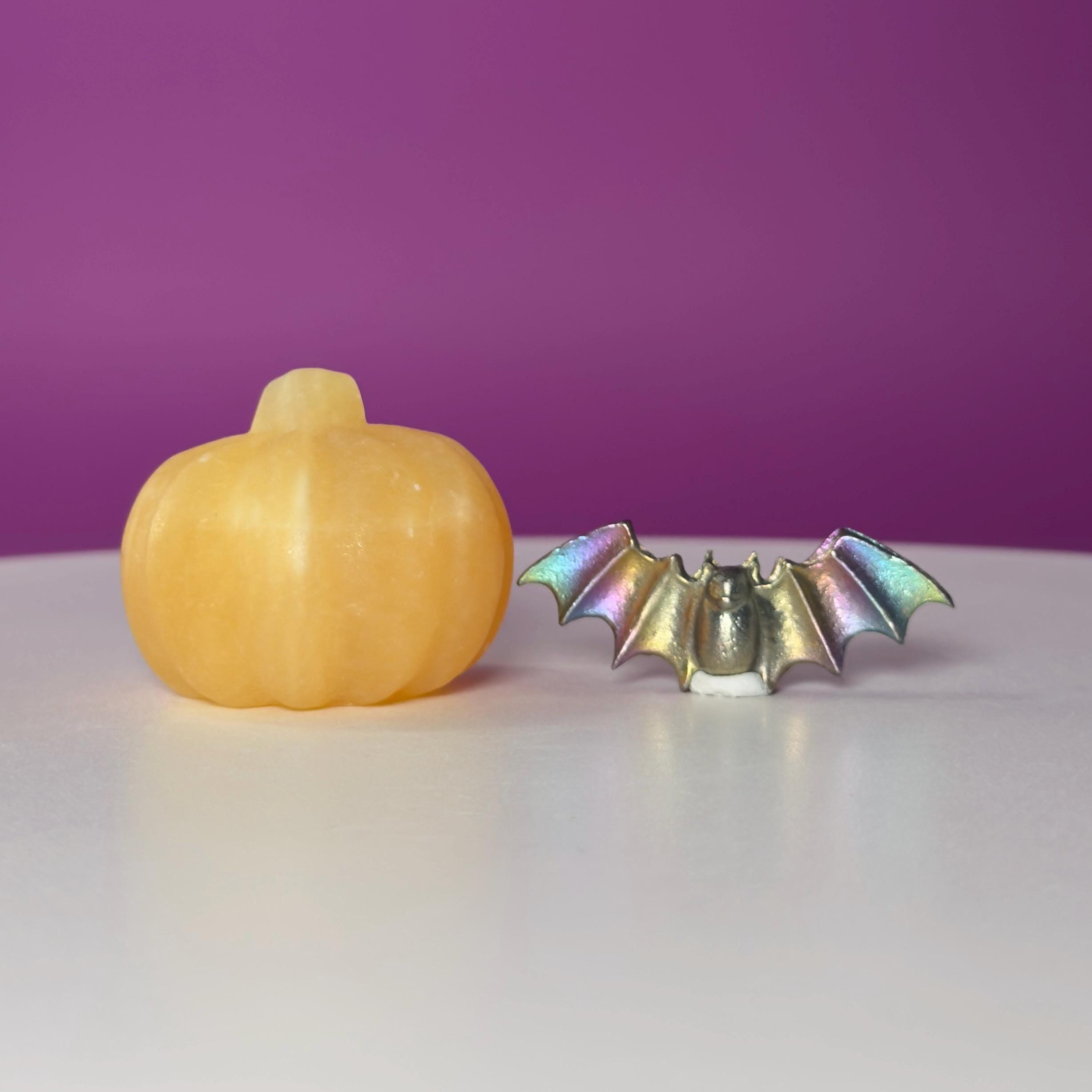 Orange Calcite Pumpkin & Aura Bismuth Bat Halloween Crystal Decor Set