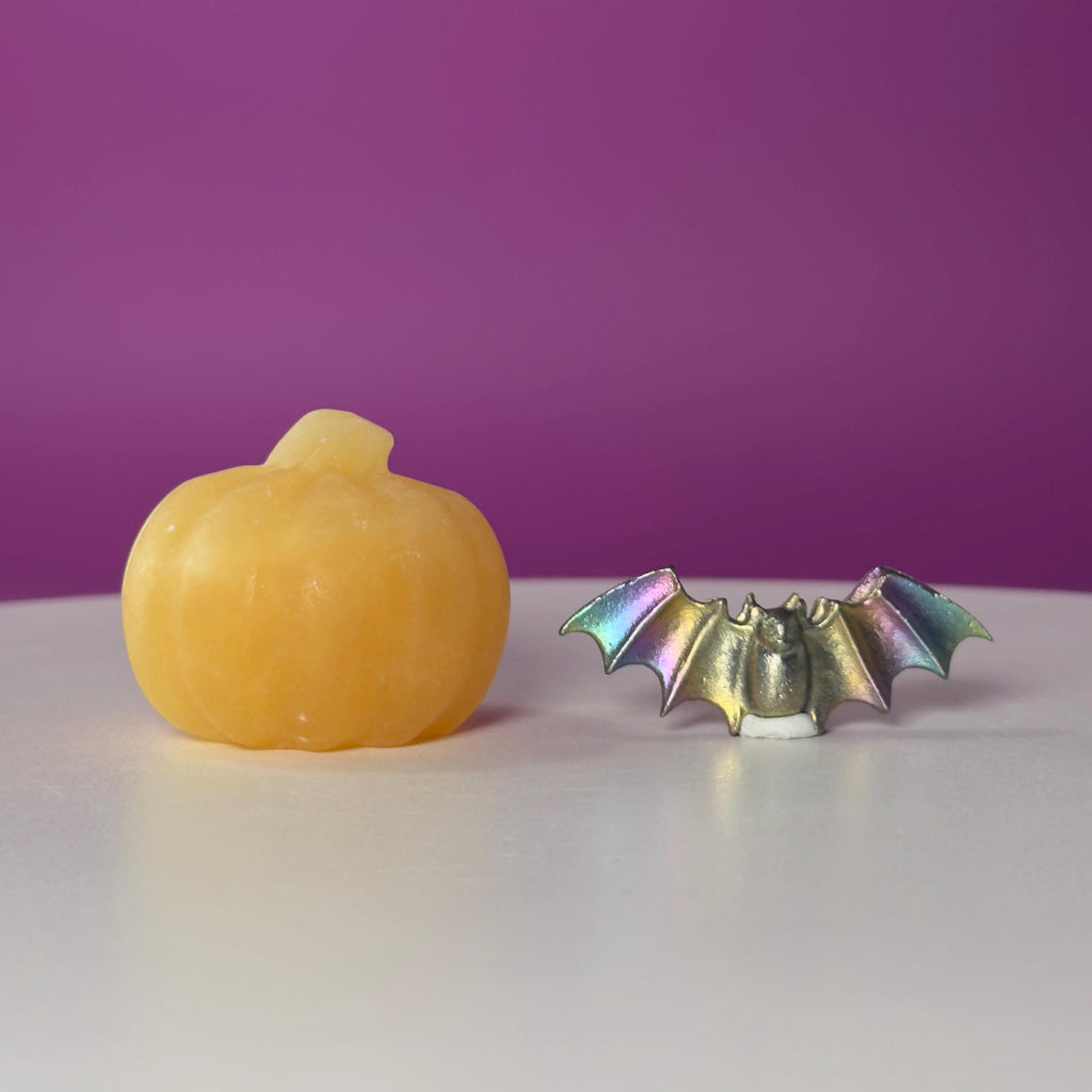 Orange Calcite Pumpkin & Aura Bismuth Bat Halloween Crystal Decor Set