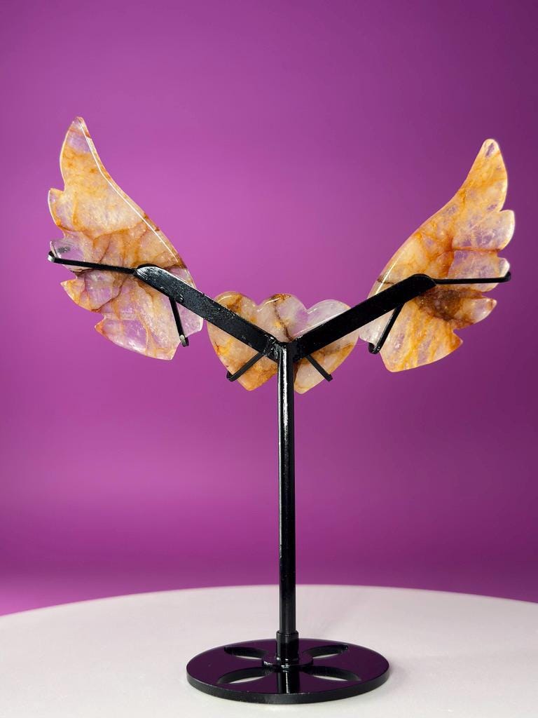 Golden Healer Angel Wings & Double Heart on Black Metal Stand, Brazil