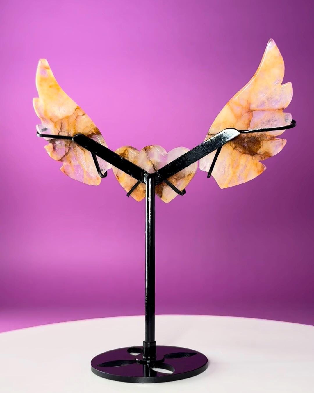 Golden Healer Angel Wings & Double Heart on Black Metal Stand, Brazil