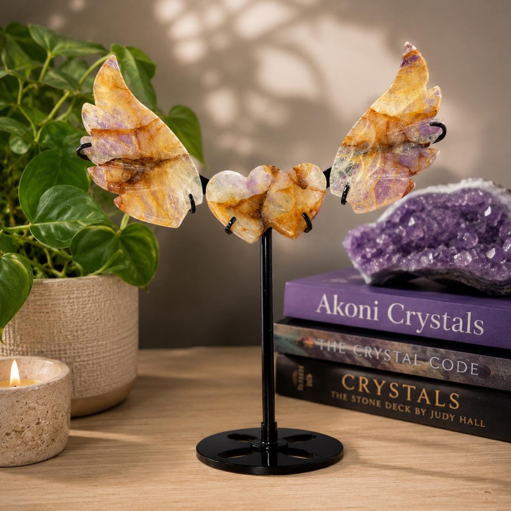 Golden Healer Angel Wings & Double Heart on Black Metal Stand, Brazil