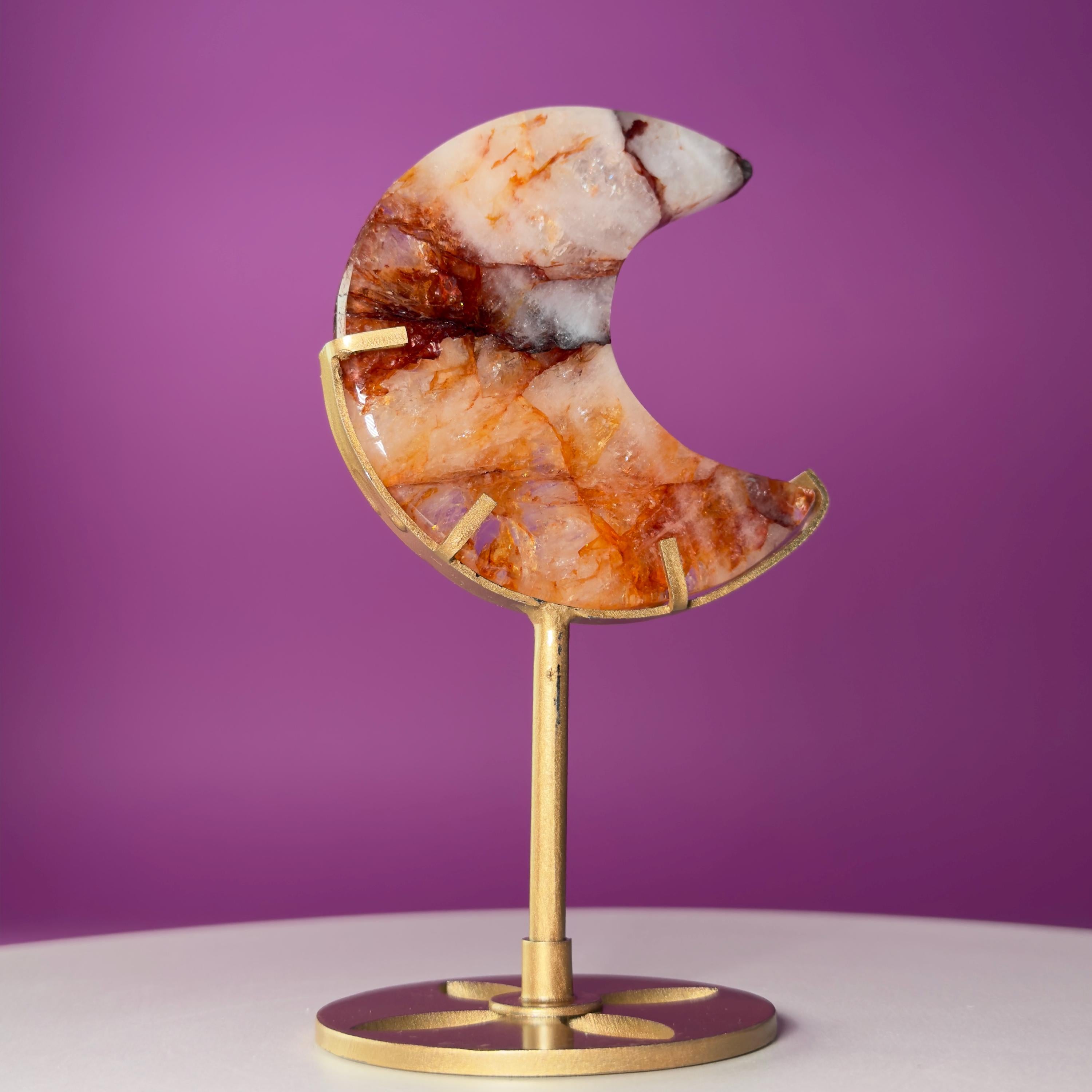 Fire Quartz Moon on Gold Metal Stand Crystal Display