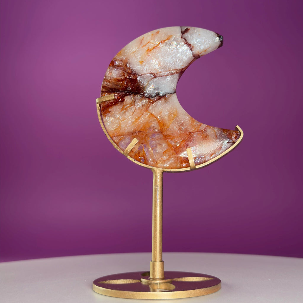 Fire Quartz Moon on Gold Metal Stand Crystal Display