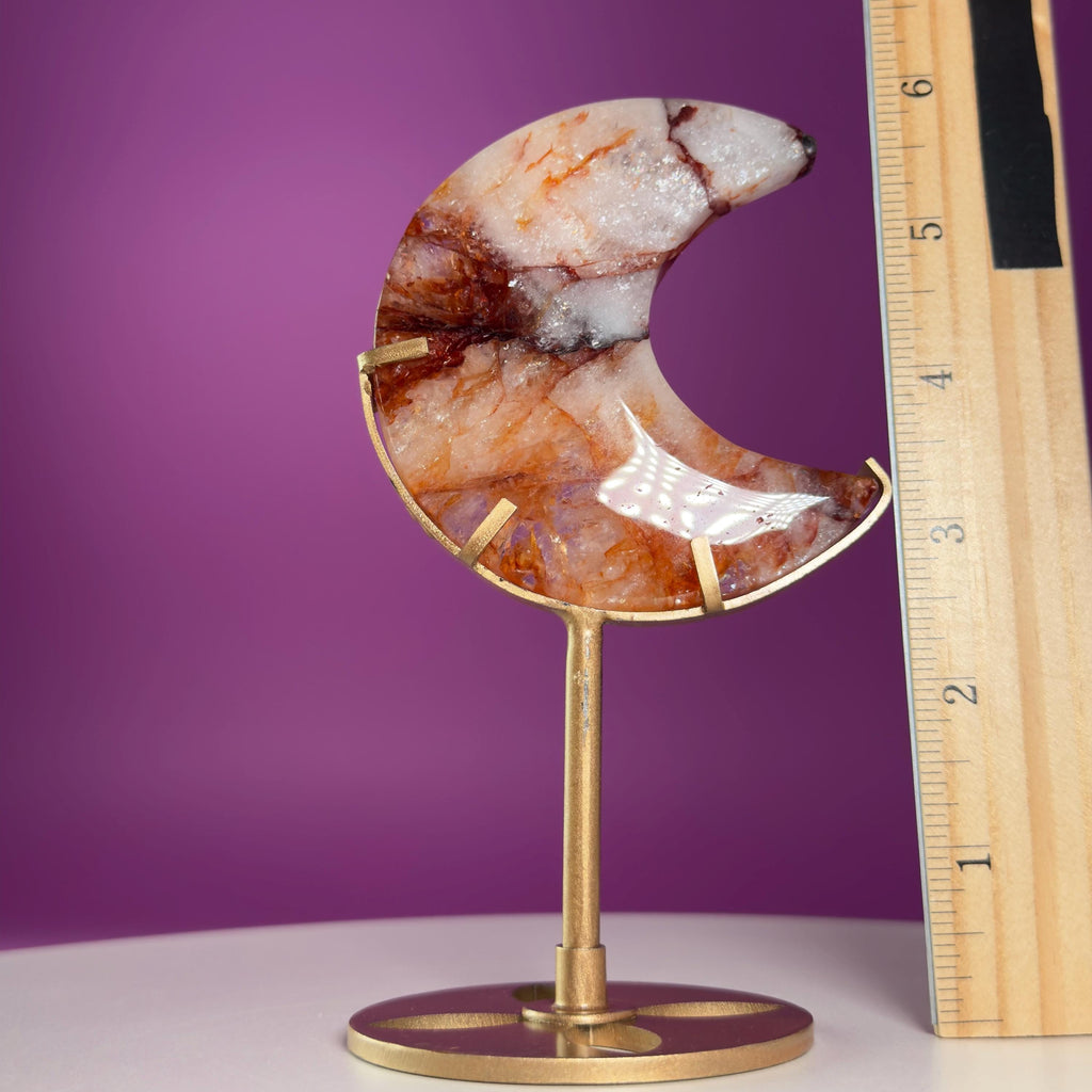 Fire Quartz Moon on Gold Metal Stand Crystal Display