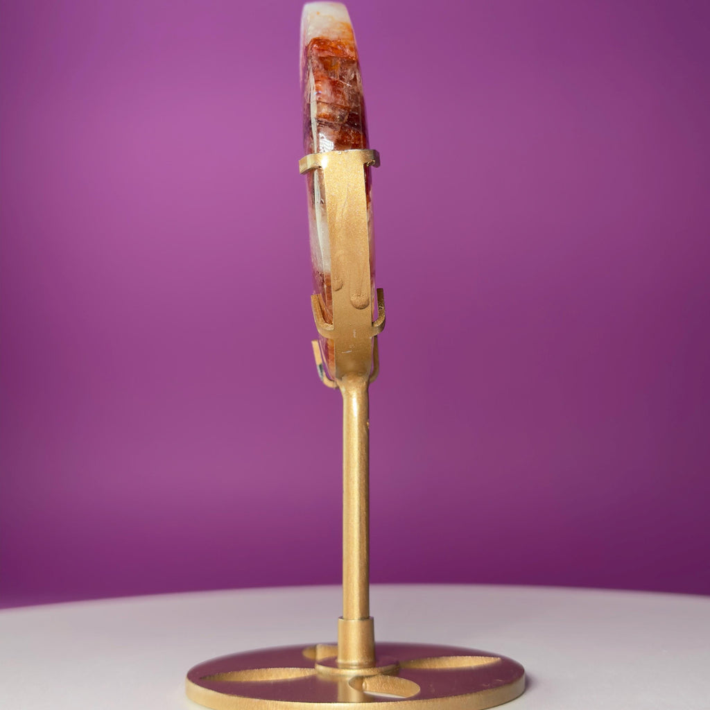 Fire Quartz Moon on Gold Metal Stand Crystal Display
