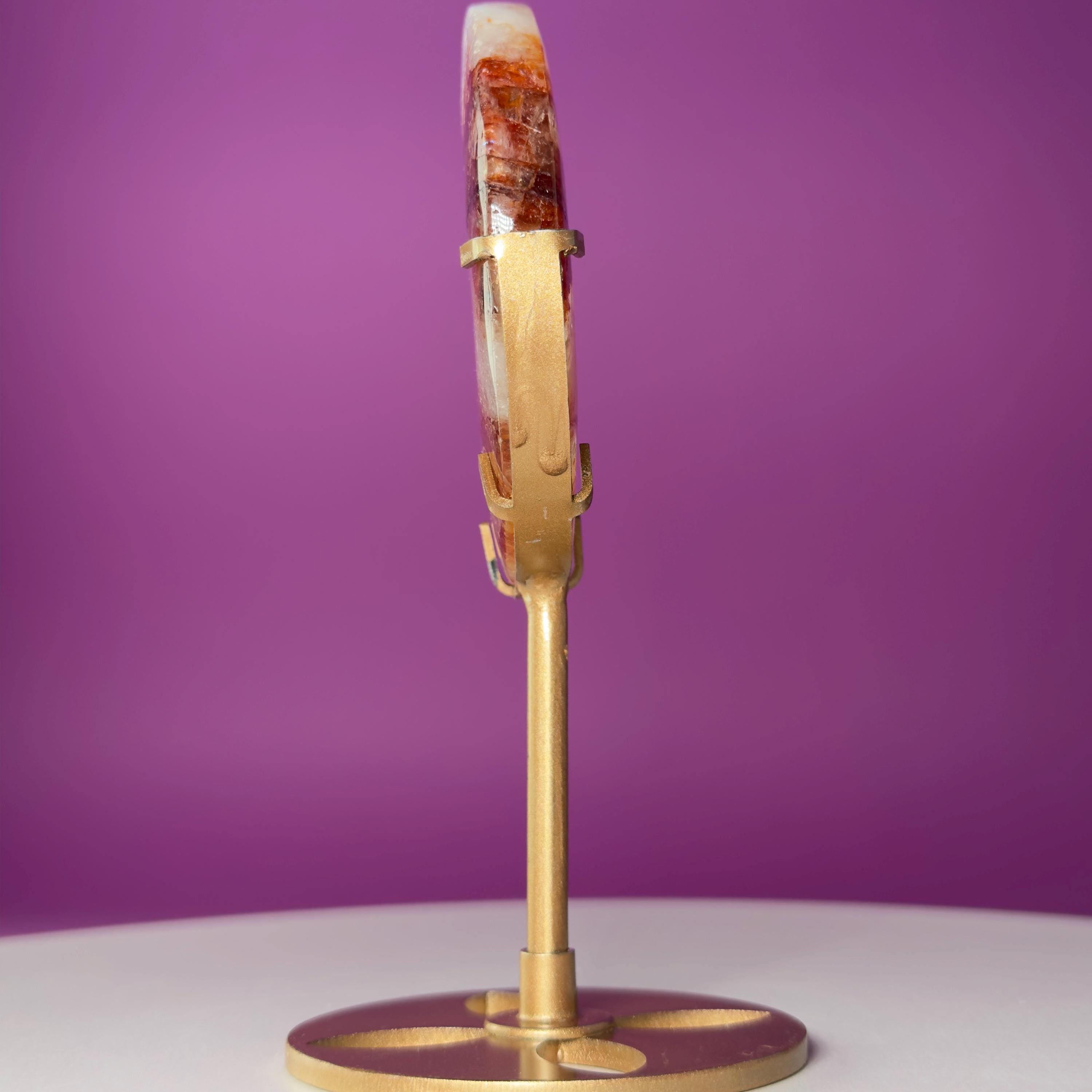 Fire Quartz Moon on Gold Metal Stand Crystal Display