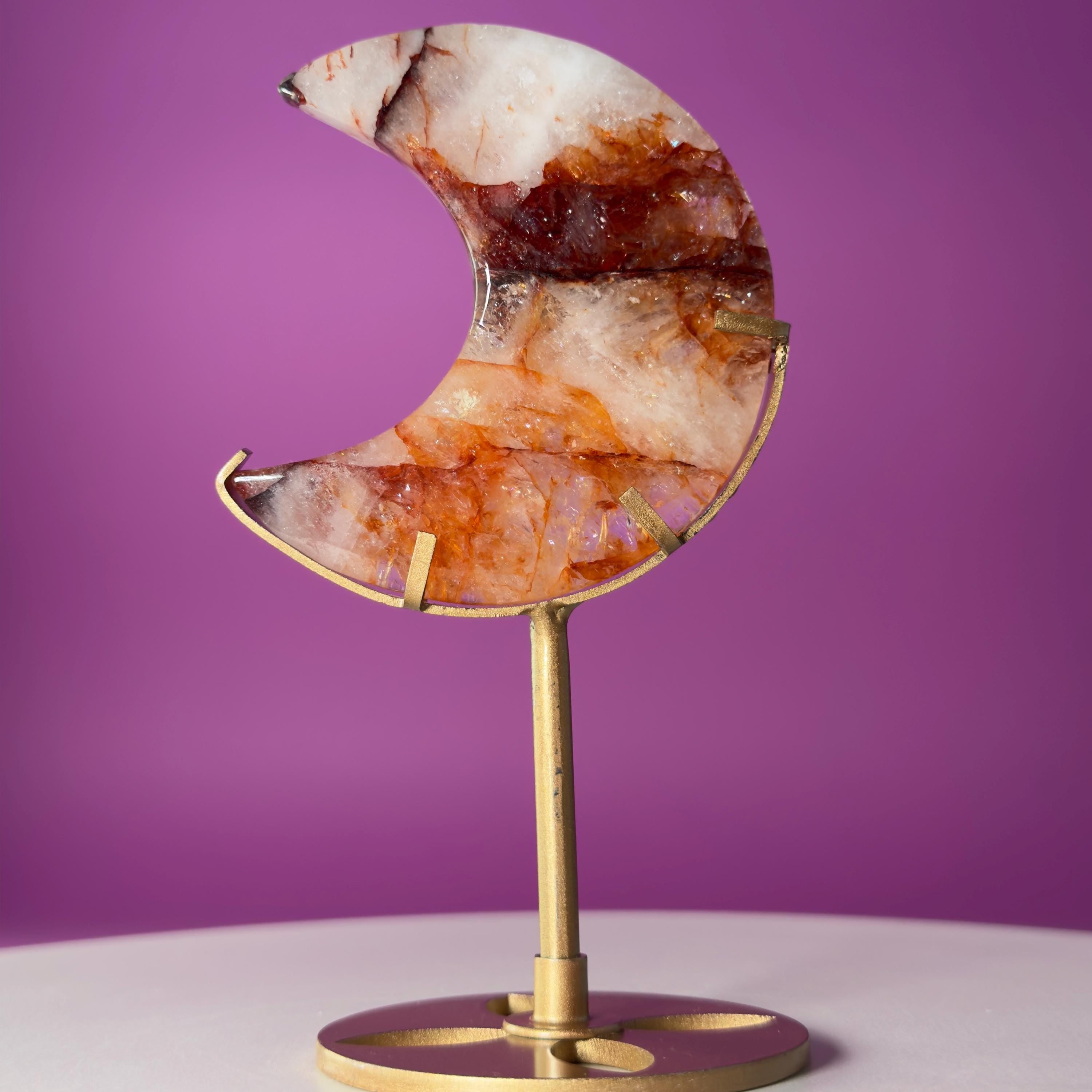 Fire Quartz Moon on Gold Metal Stand Crystal Display