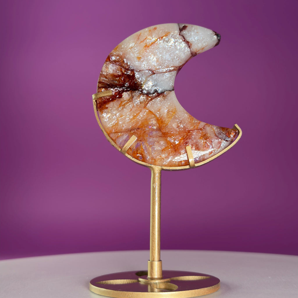 Fire Quartz Moon on Gold Metal Stand Crystal Display