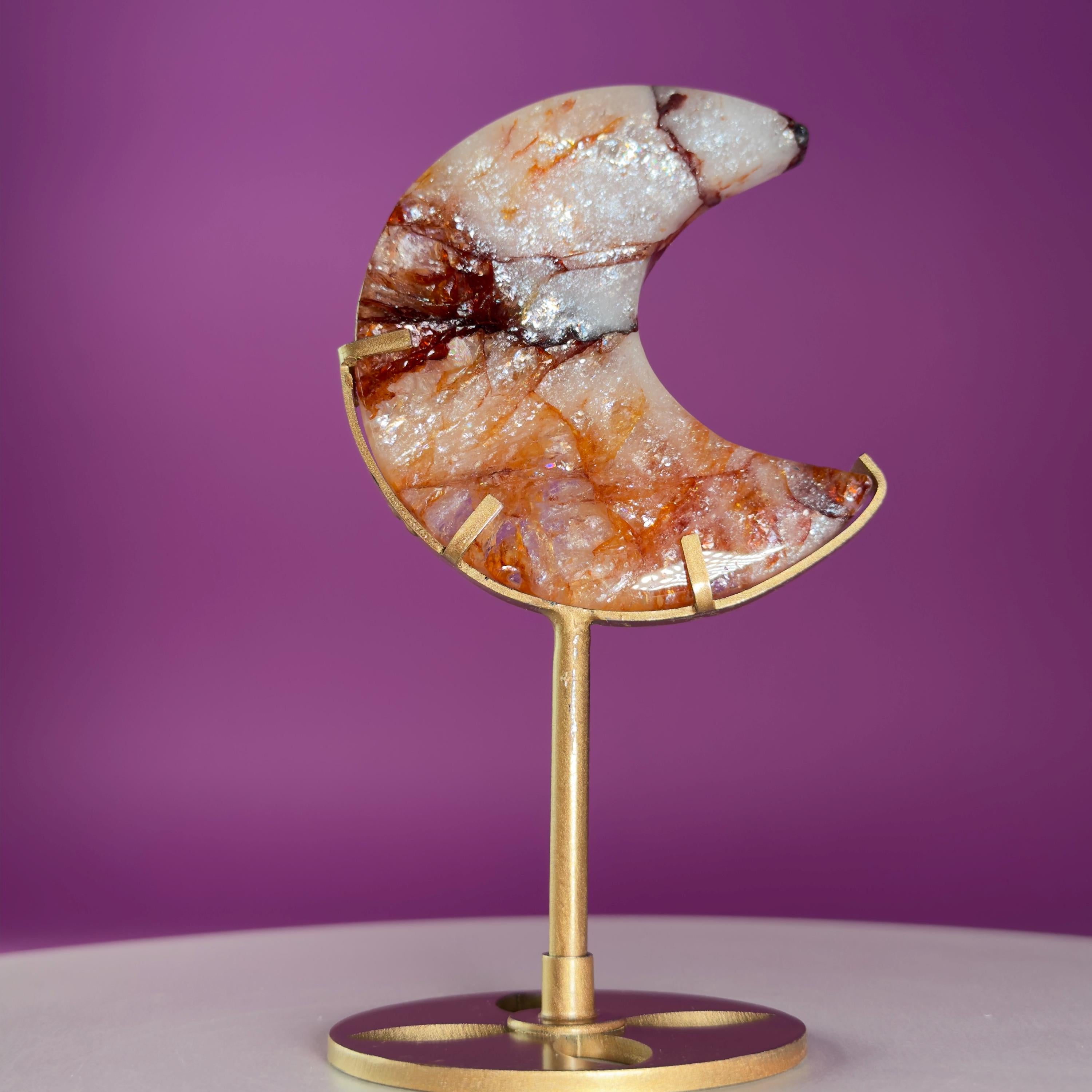 Fire Quartz Moon on Gold Metal Stand Crystal Display