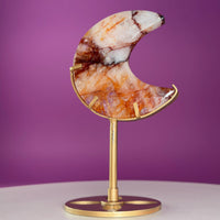Fire Quartz Moon on Gold Metal Stand Crystal Display