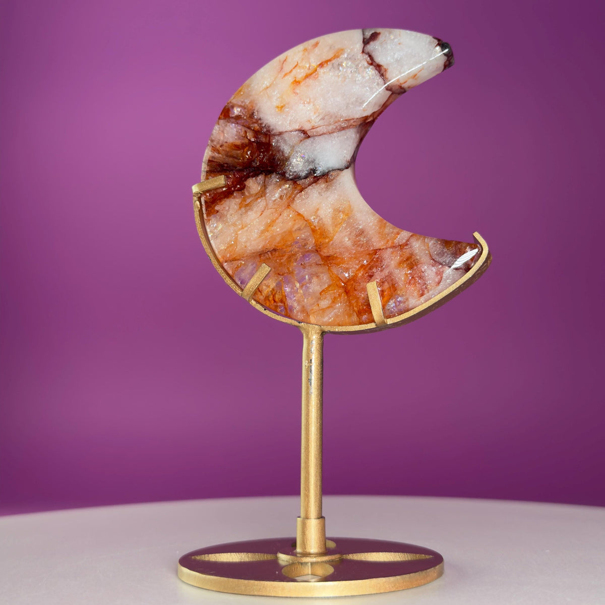 Fire Quartz Moon on Gold Metal Stand Crystal Display