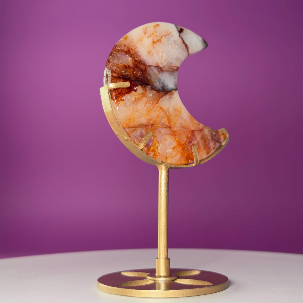 Fire Quartz Moon on Gold Metal Stand Crystal Display
