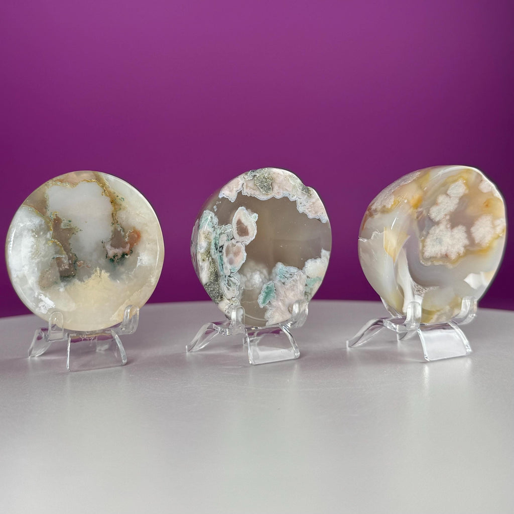 Flower Agate Sphere Stand | Natural Crystal Display Base | Fits 6585mm Spheres