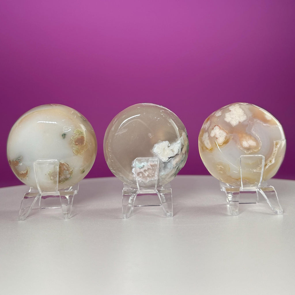 Flower Agate Sphere Stand | Natural Crystal Display Base | Fits 6585mm Spheres