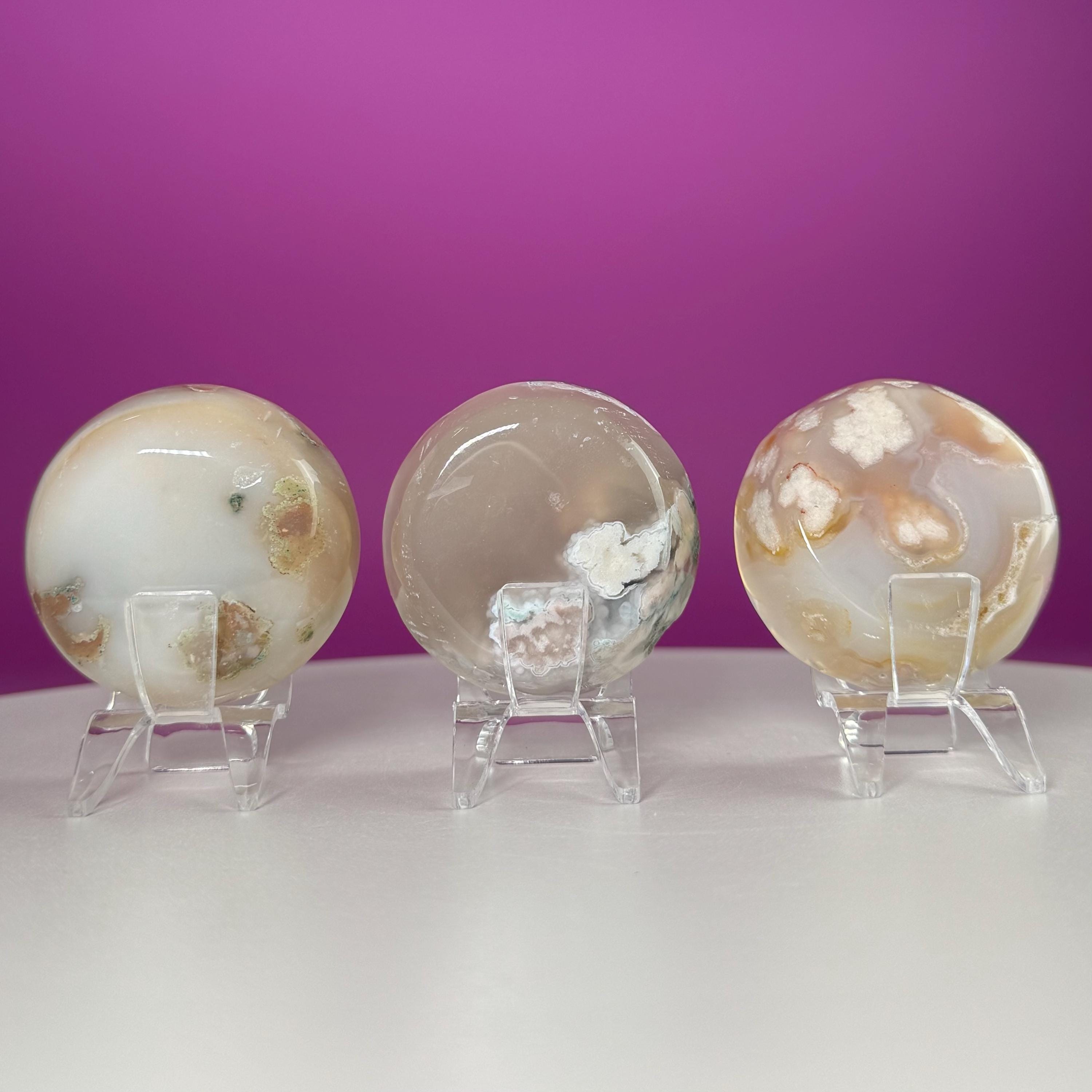 Flower Agate Sphere Stand | Natural Crystal Display Base | Fits 6585mm Spheres