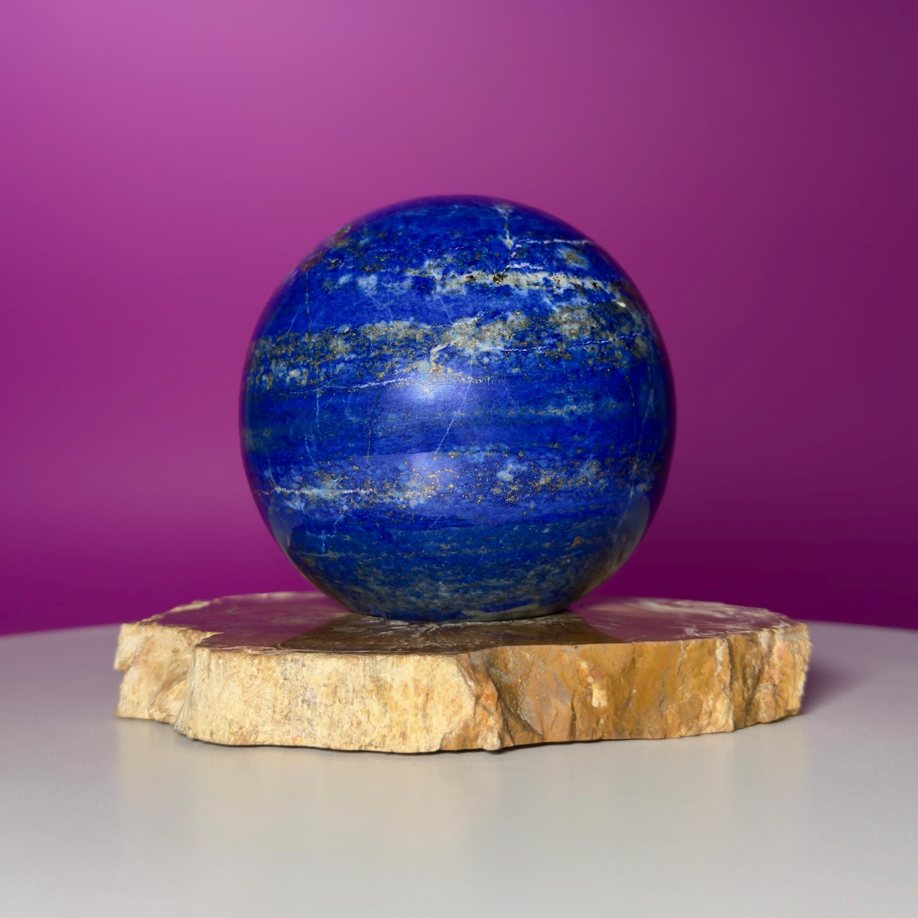 Lapis Lazuli Sphere on Petrified Wood Stand | Collector Quality Blue Crystal Display | One of a Kind | Akoni Crystals