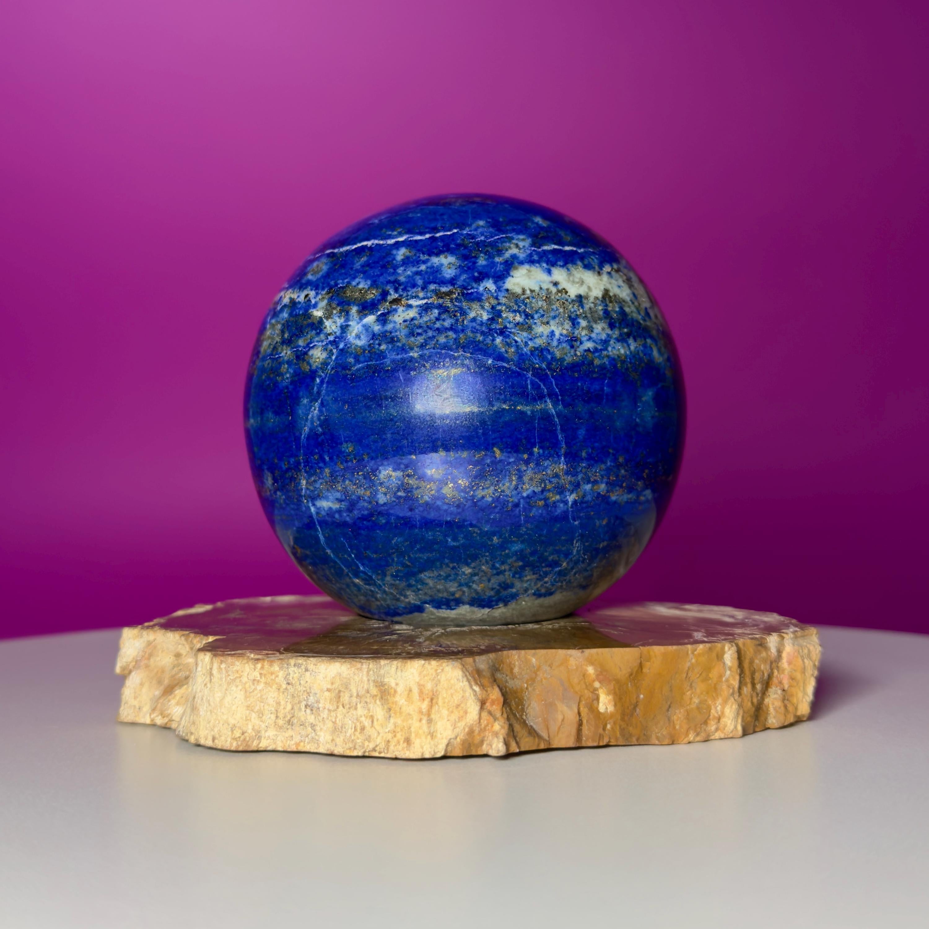 Lapis Lazuli Sphere on Petrified Wood Stand | Collector Quality Blue Crystal Display | One of a Kind | Akoni Crystals