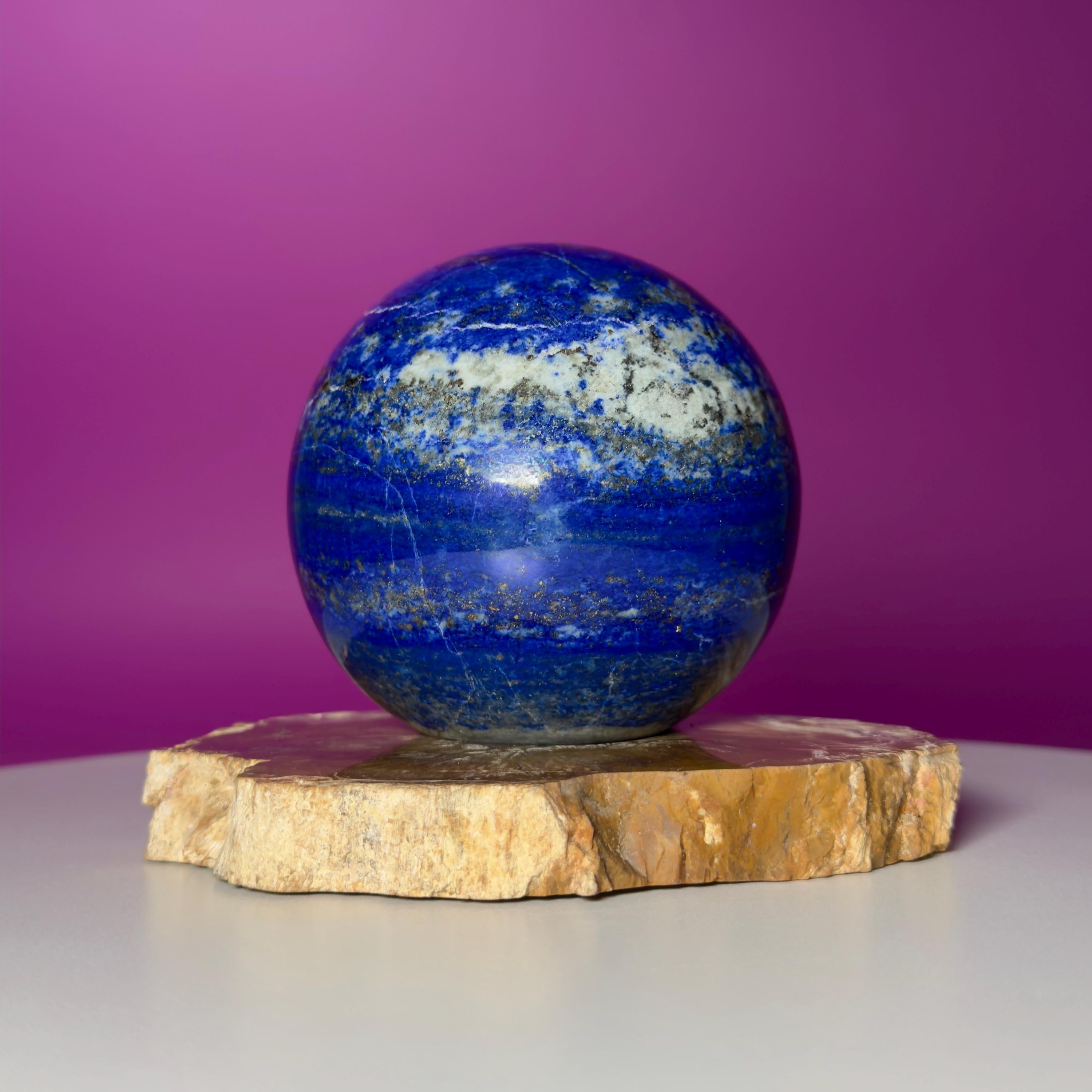 Lapis Lazuli Sphere on Petrified Wood Stand | Collector Quality Blue Crystal Display | One of a Kind | Akoni Crystals