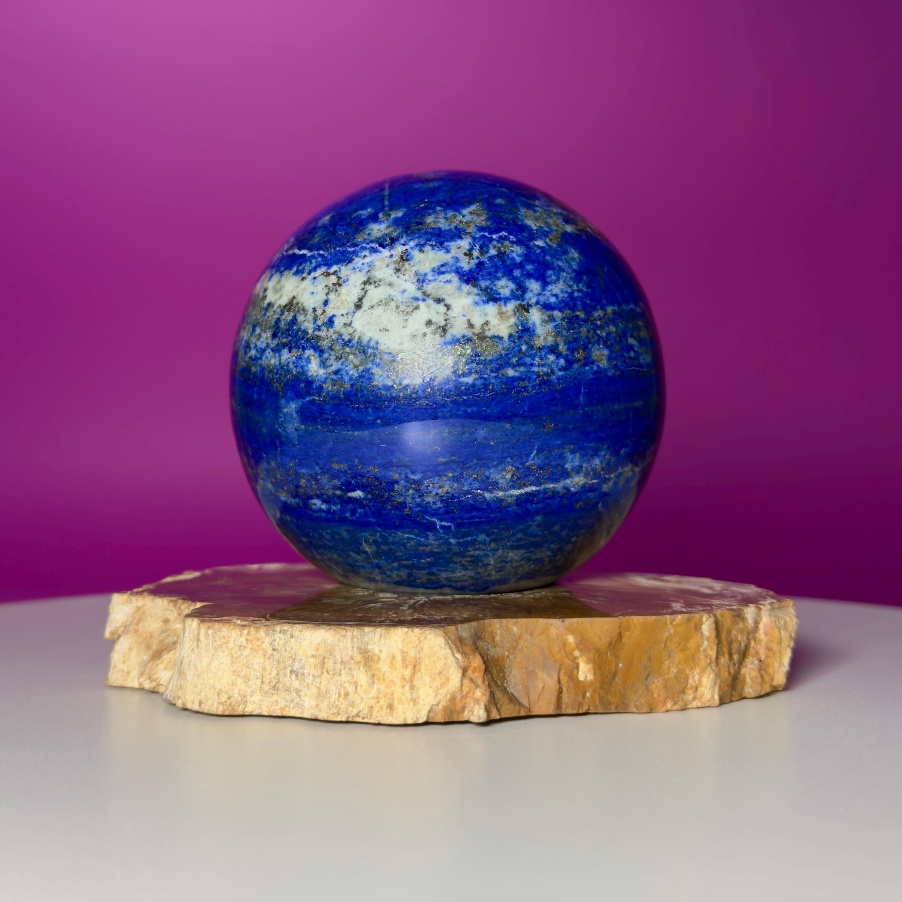 Lapis Lazuli Sphere on Petrified Wood Stand | Collector Quality Blue Crystal Display | One of a Kind | Akoni Crystals
