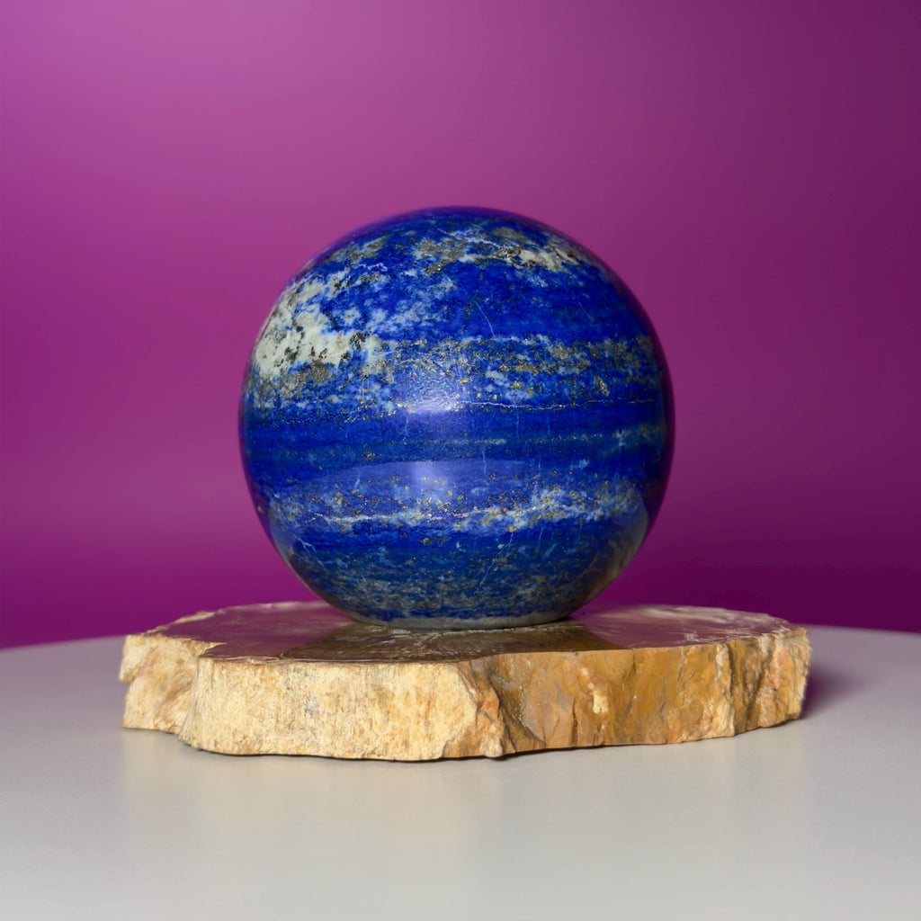 Lapis Lazuli Sphere on Petrified Wood Stand | Collector Quality Blue Crystal Display | One of a Kind | Akoni Crystals