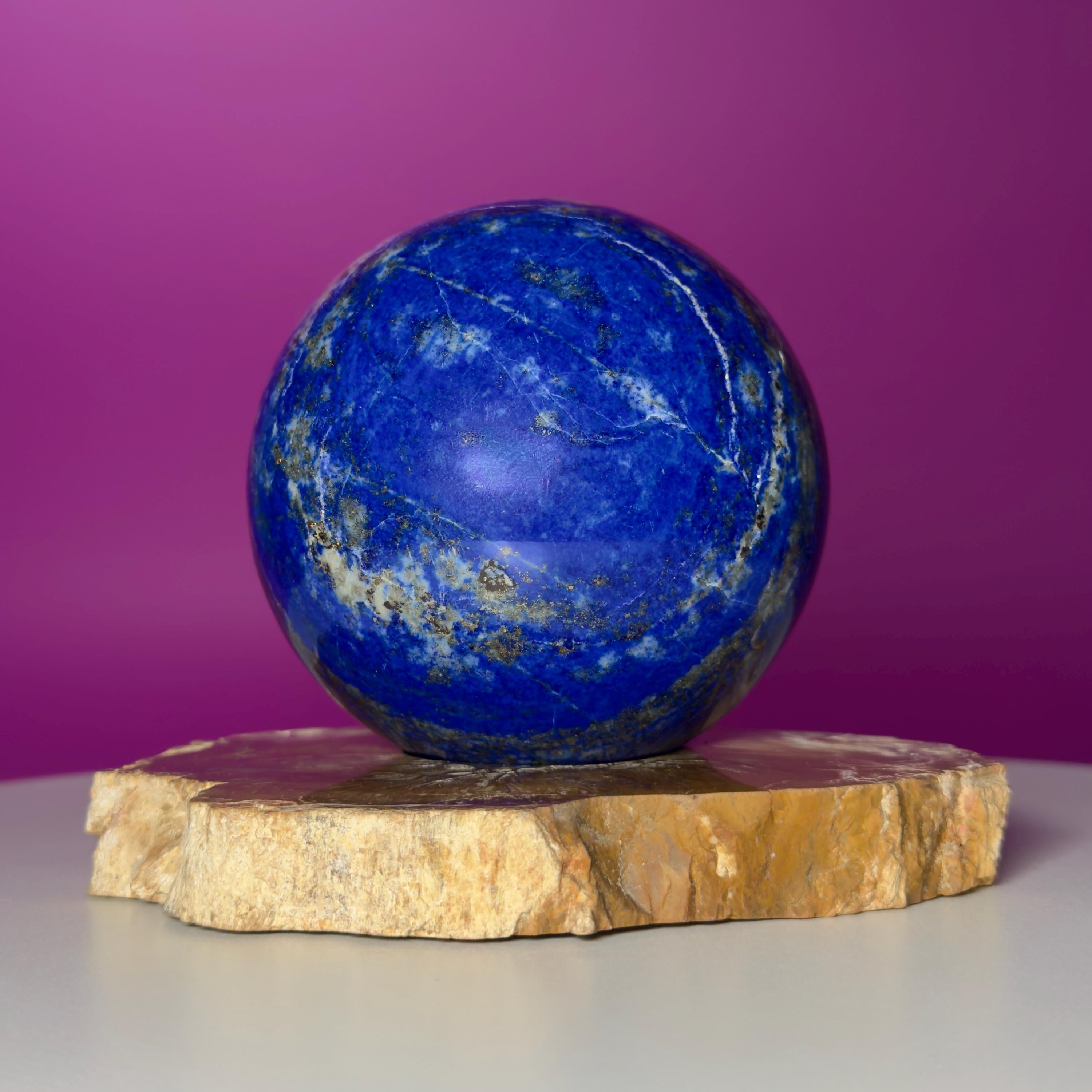Lapis Lazuli Sphere on Petrified Wood Stand | Collector Quality Blue Crystal Display | One of a Kind | Akoni Crystals