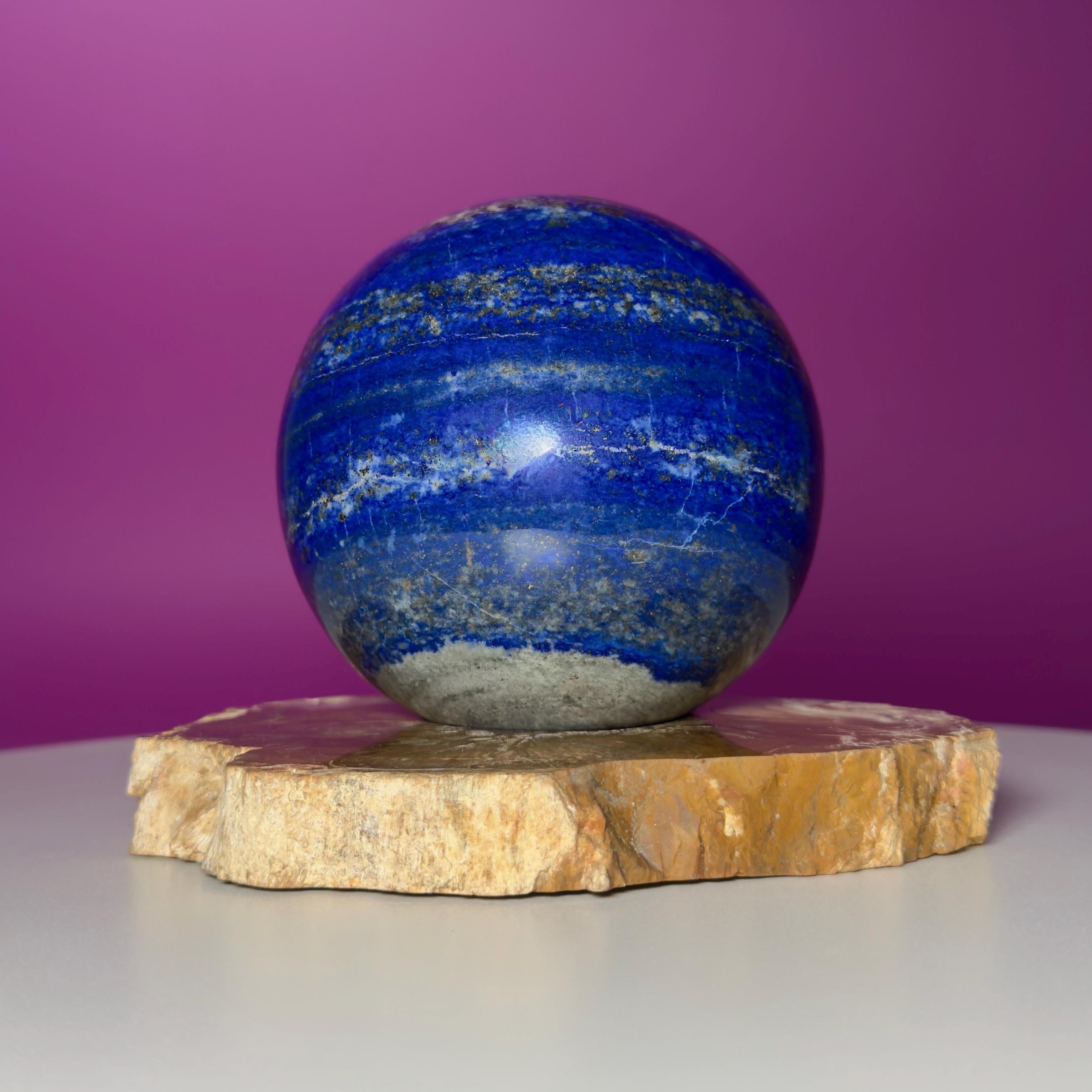 Lapis Lazuli Sphere on Petrified Wood Stand | Collector Quality Blue Crystal Display | One of a Kind | Akoni Crystals