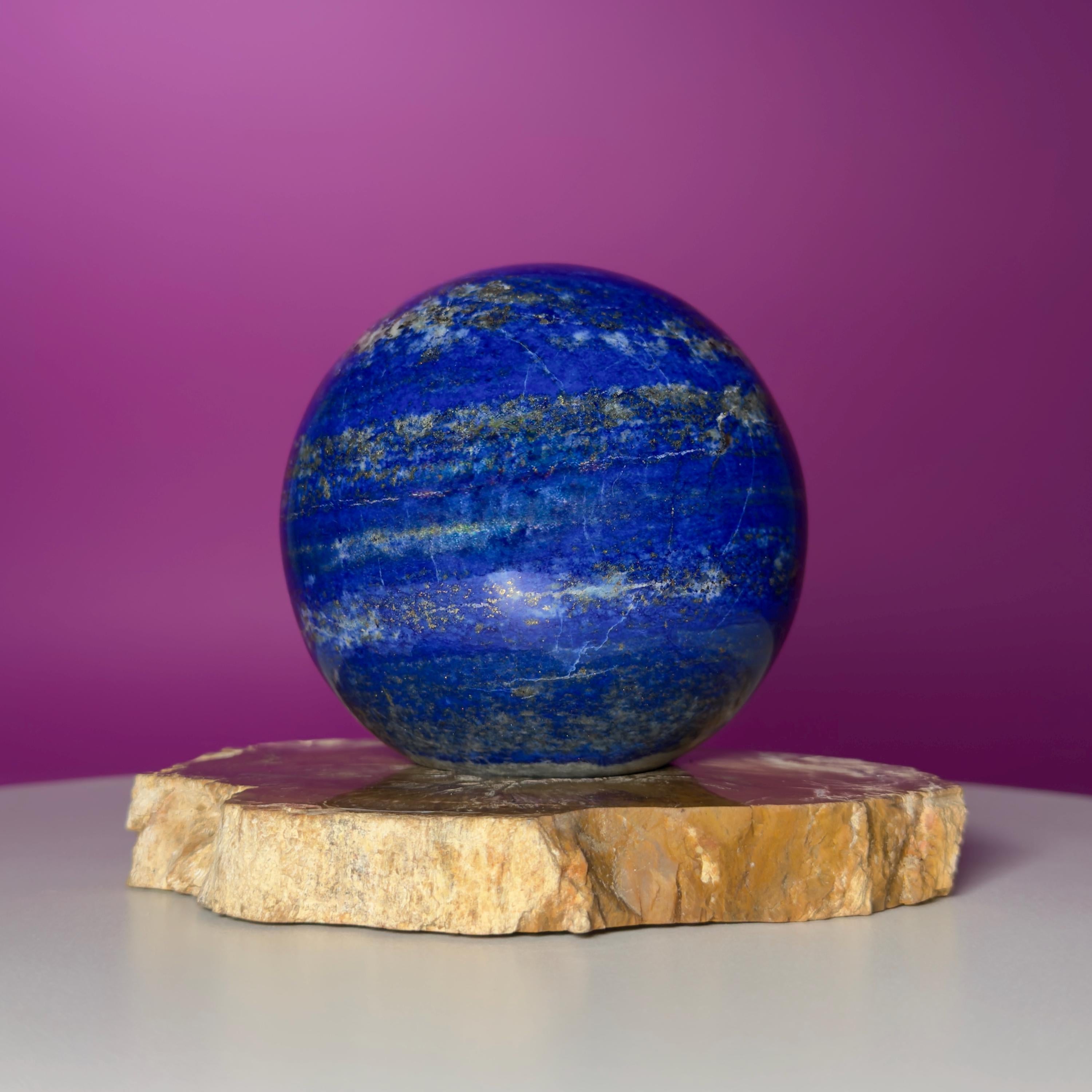 Lapis Lazuli Sphere on Petrified Wood Stand | Collector Quality Blue Crystal Display | One of a Kind | Akoni Crystals