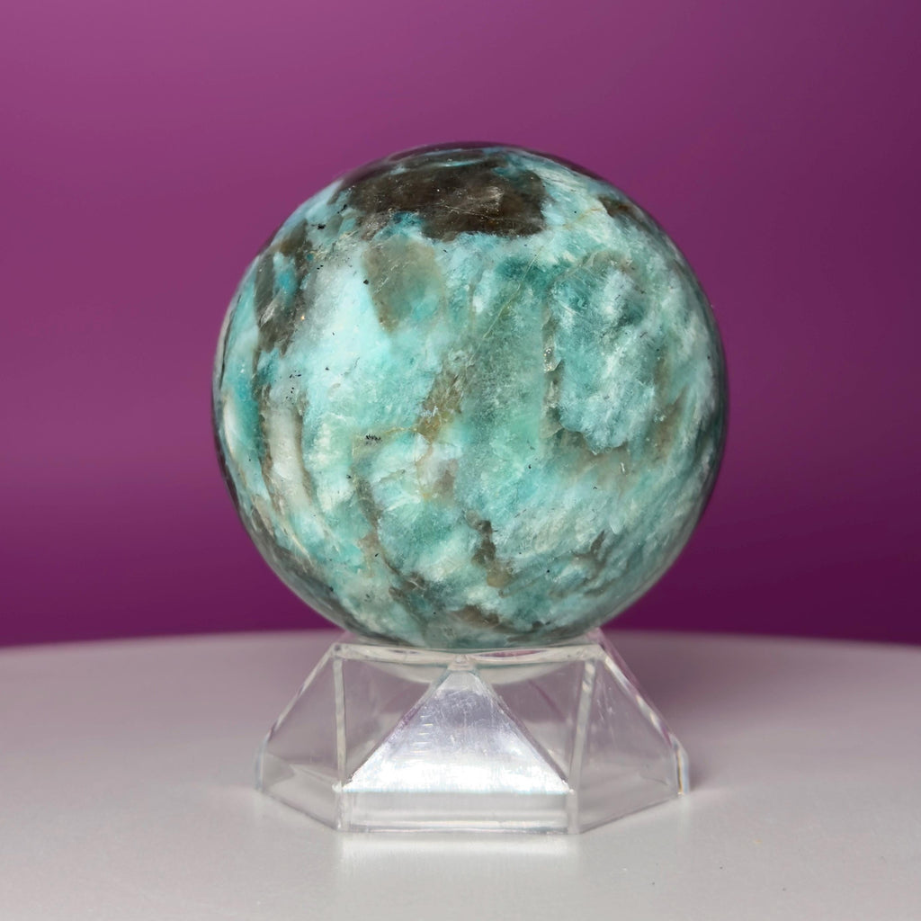 Amazonite & Smoky Quartz Sphere with Acrylic Stand – 66mm Collector Crystal
