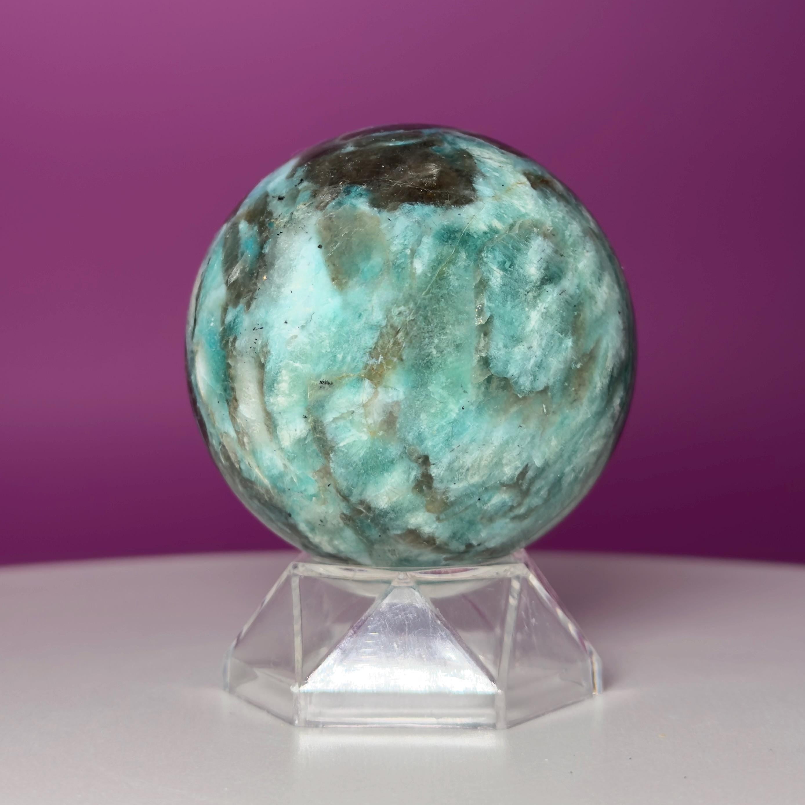 Amazonite & Smoky Quartz Sphere with Acrylic Stand – 66mm Collector Crystal