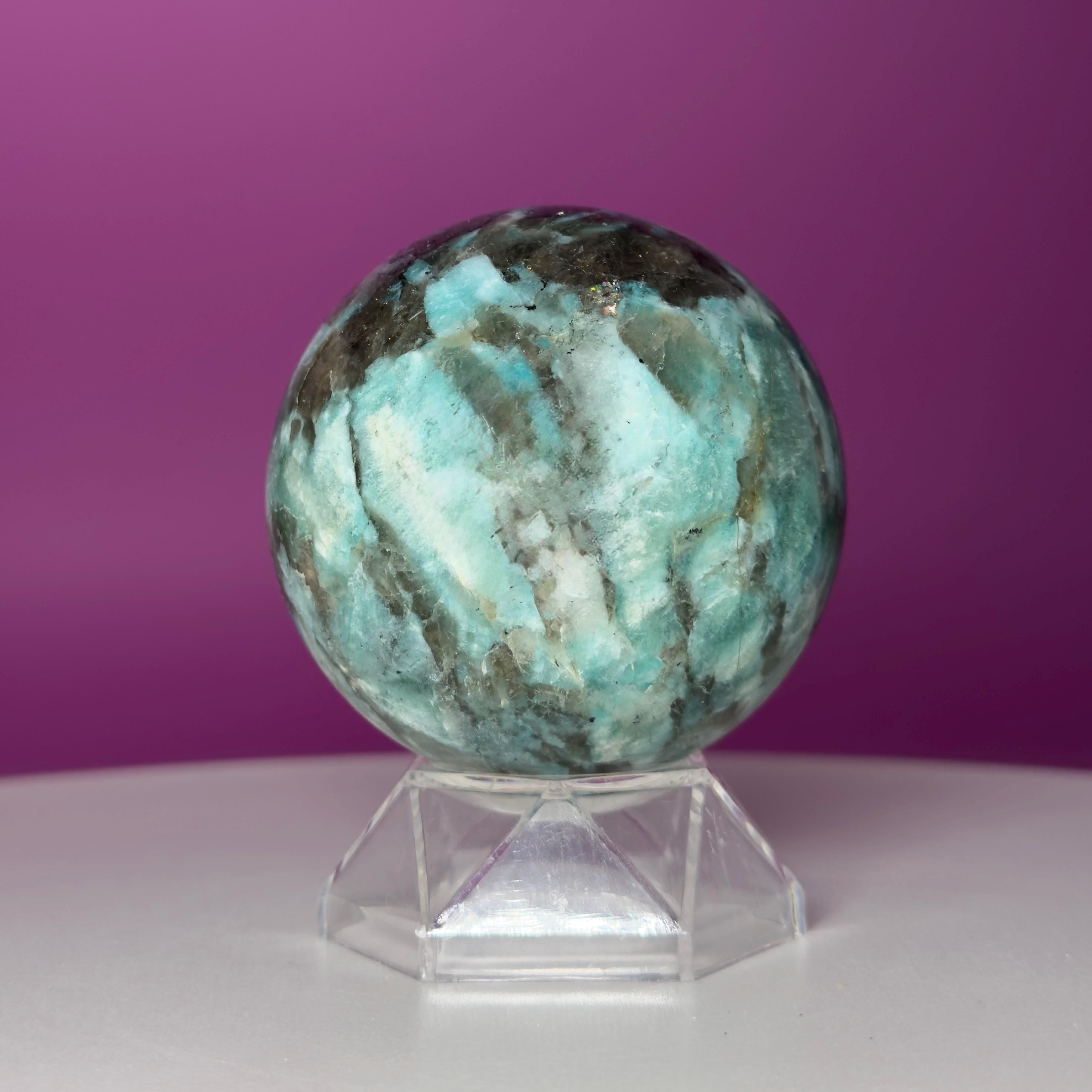 Amazonite & Smoky Quartz Sphere with Acrylic Stand – 66mm Collector Crystal
