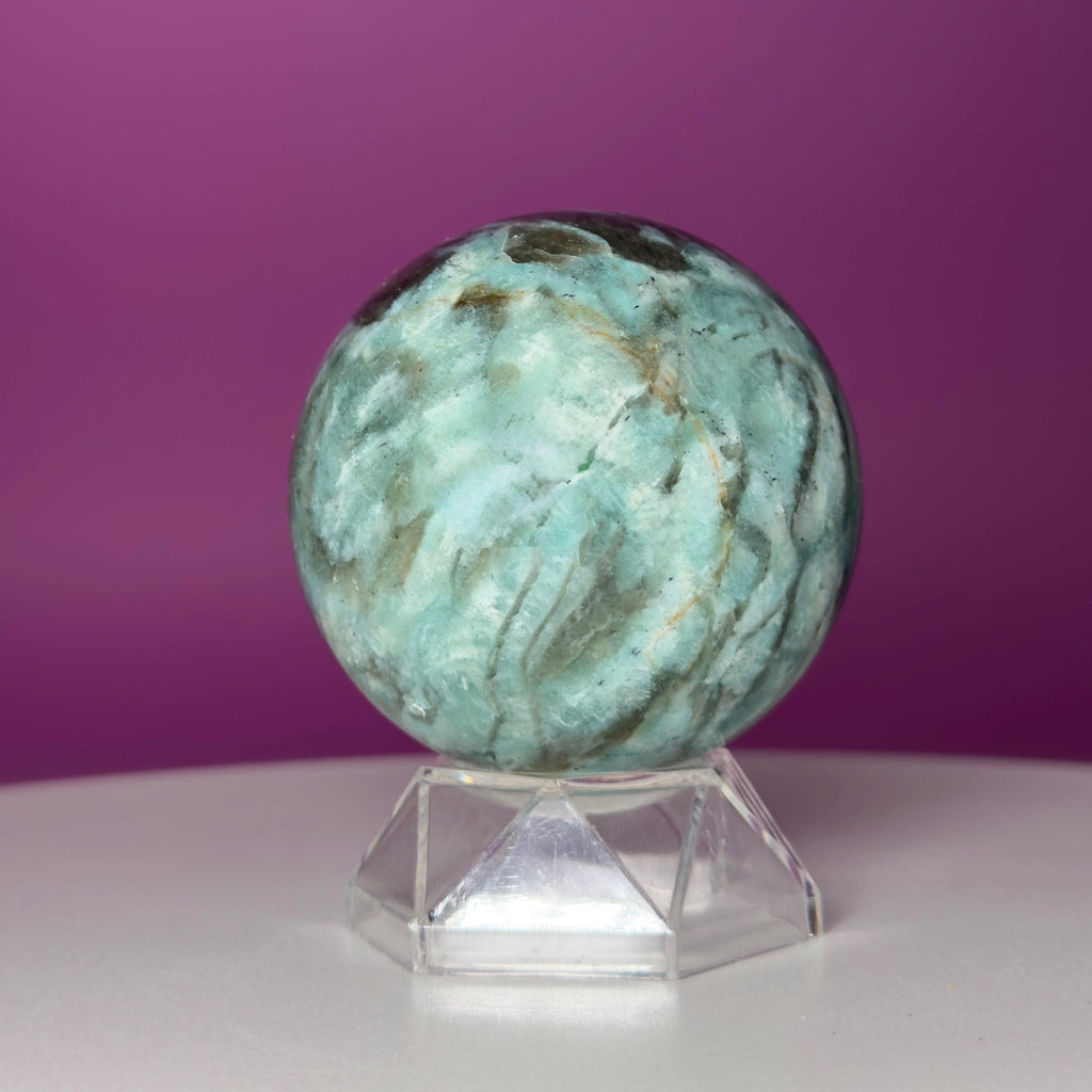 Amazonite & Smoky Quartz Sphere with Acrylic Stand – 66mm Collector Crystal