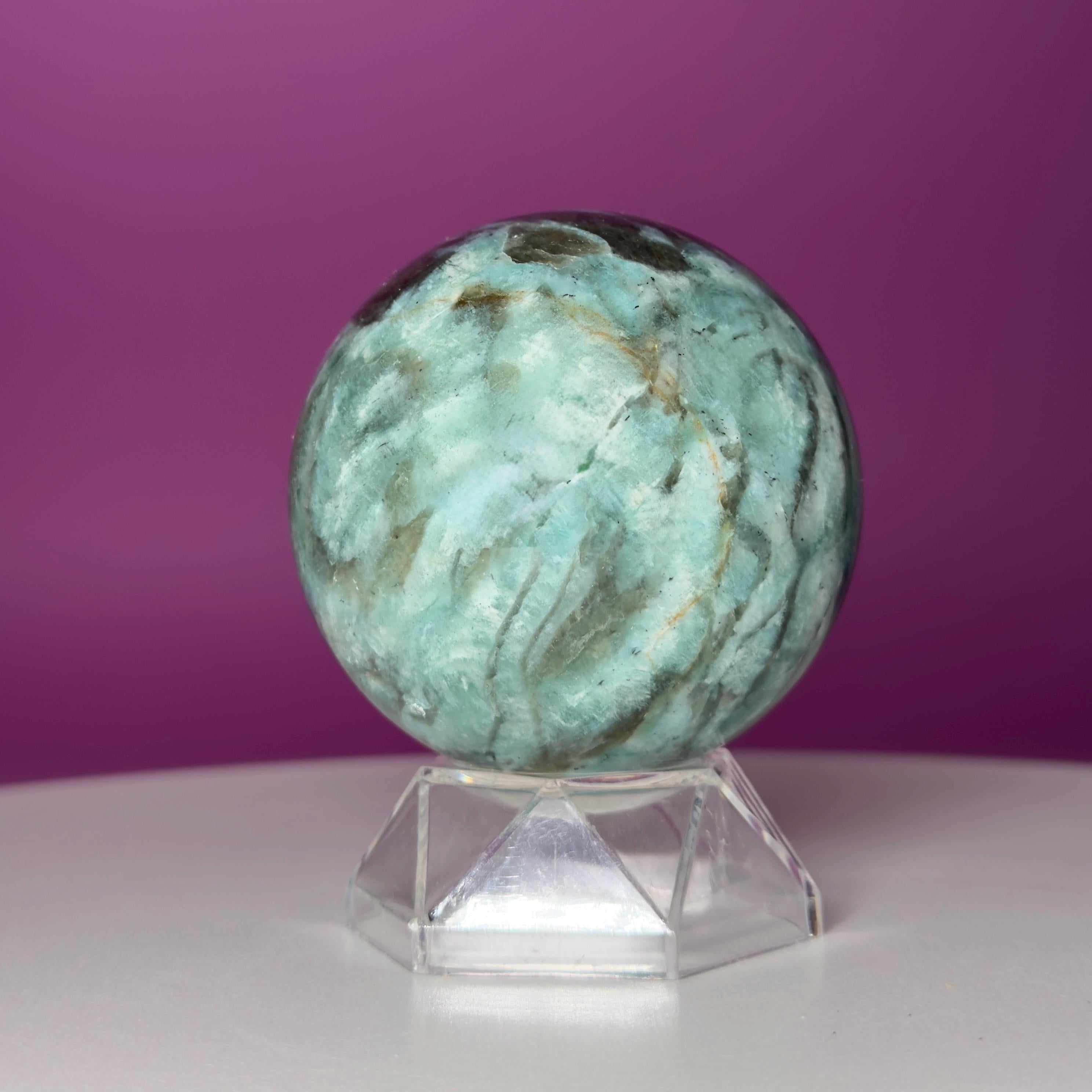 Amazonite & Smoky Quartz Sphere with Acrylic Stand – 66mm Collector Crystal