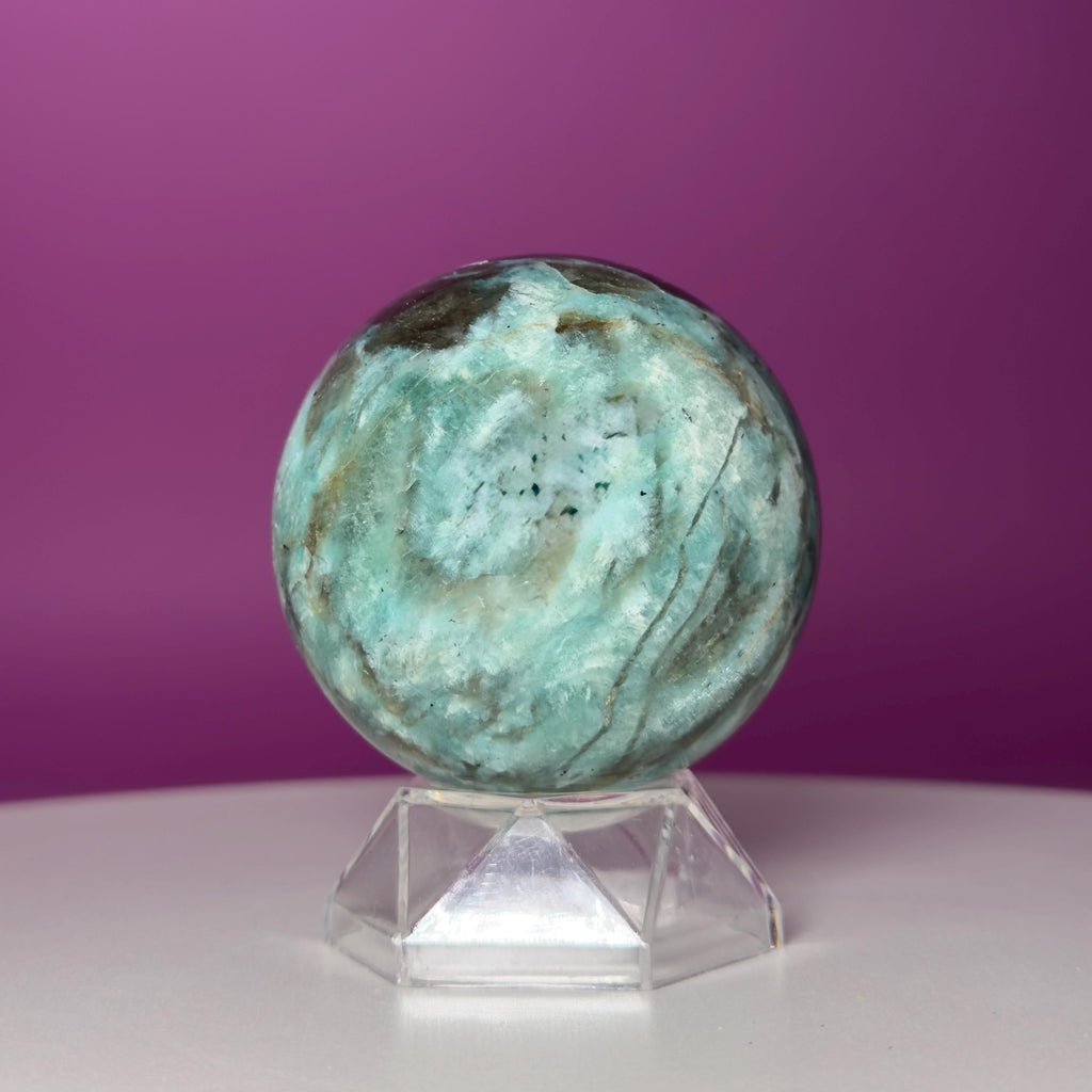 Amazonite & Smoky Quartz Sphere with Acrylic Stand – 66mm Collector Crystal