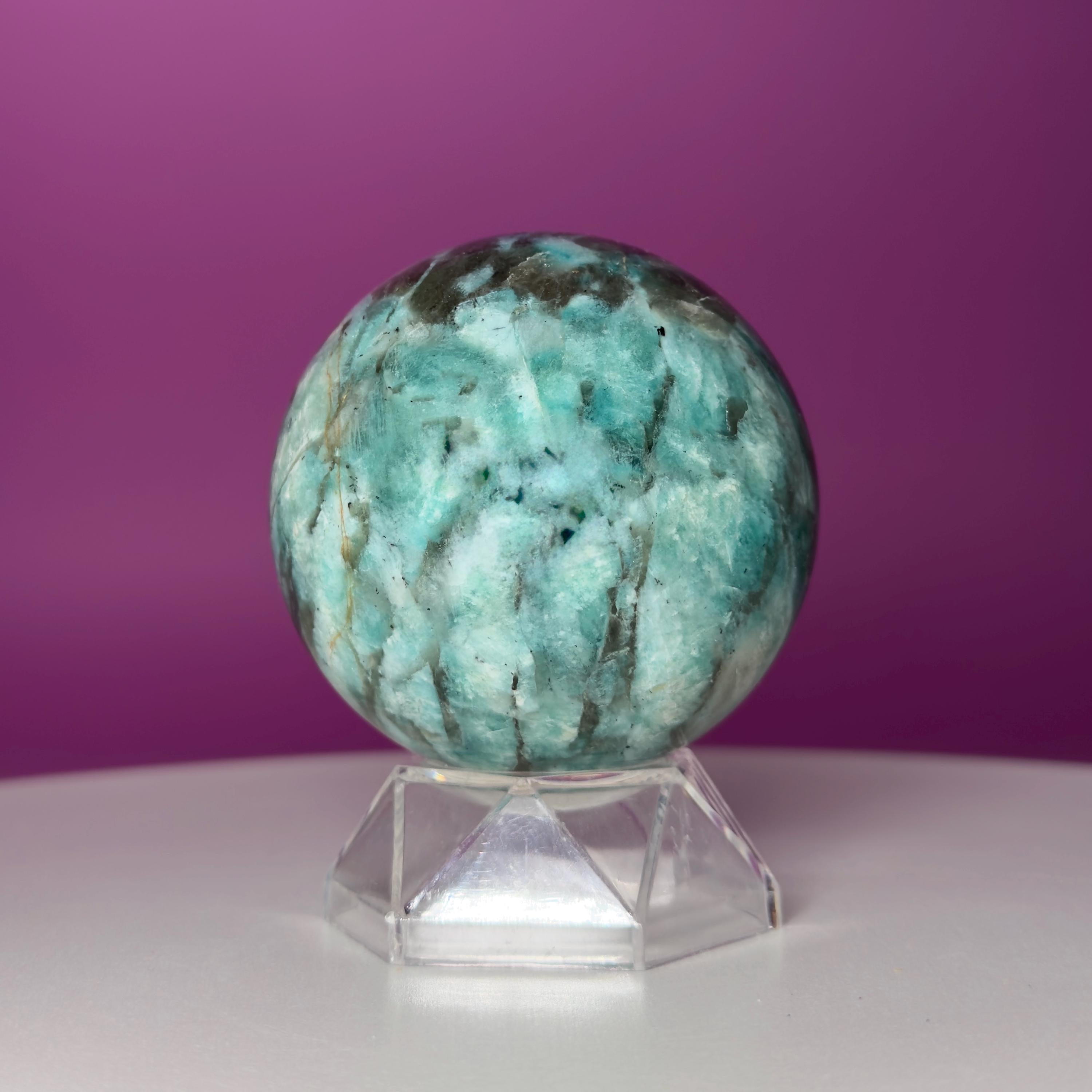 Amazonite & Smoky Quartz Sphere with Acrylic Stand – 66mm Collector Crystal