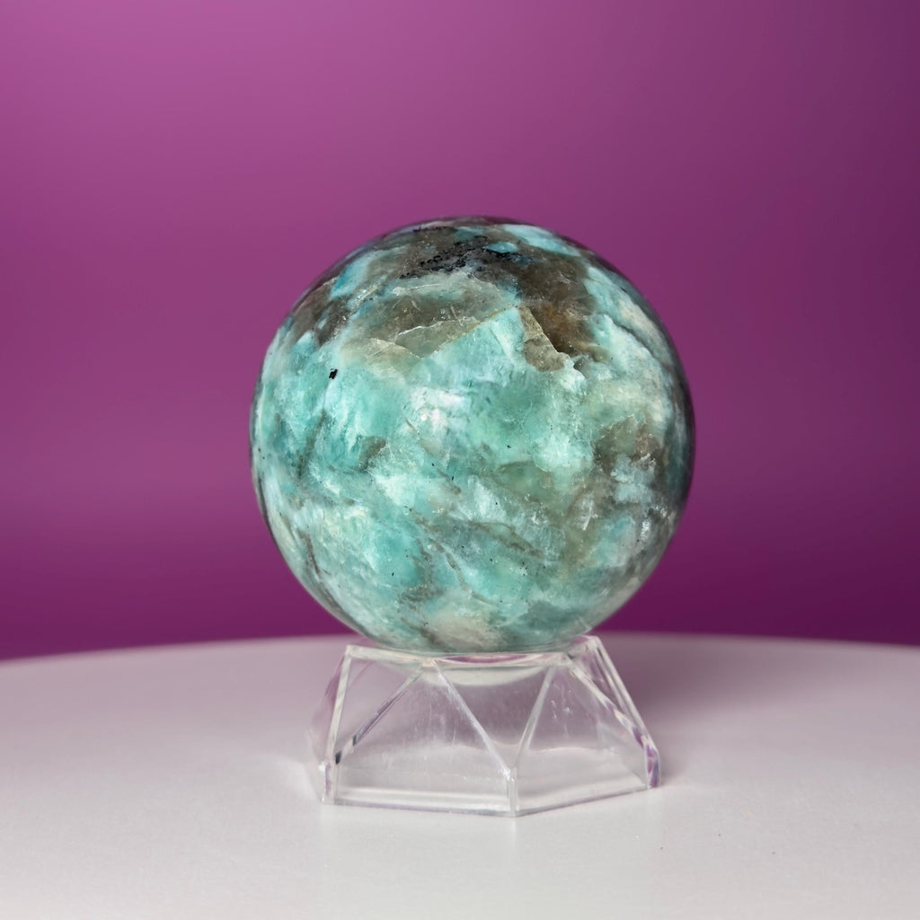 Amazonite & Smoky Quartz Sphere with Acrylic Stand – 66mm Collector Crystal