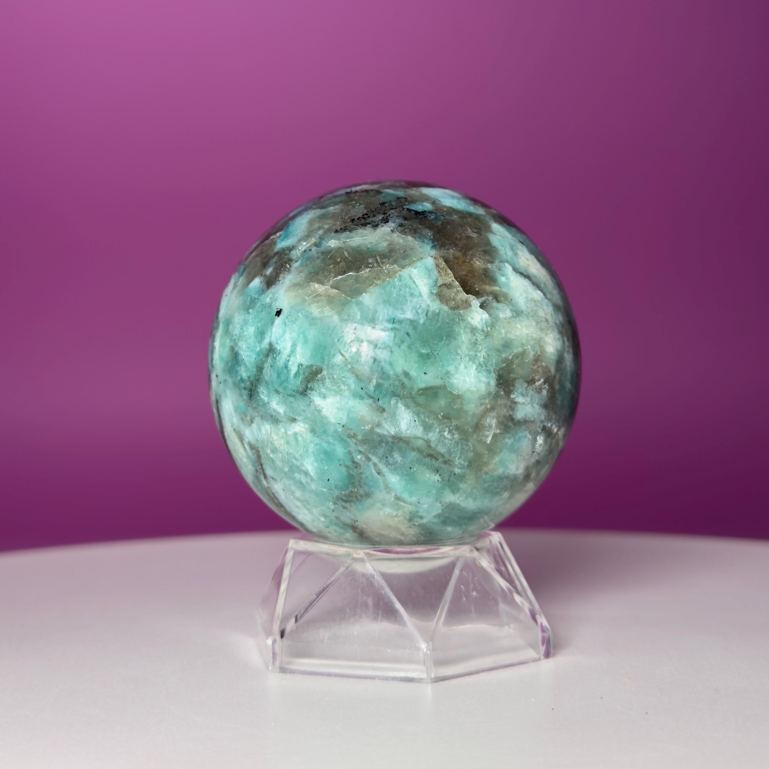Amazonite & Smoky Quartz Sphere with Acrylic Stand – 66mm Collector Crystal