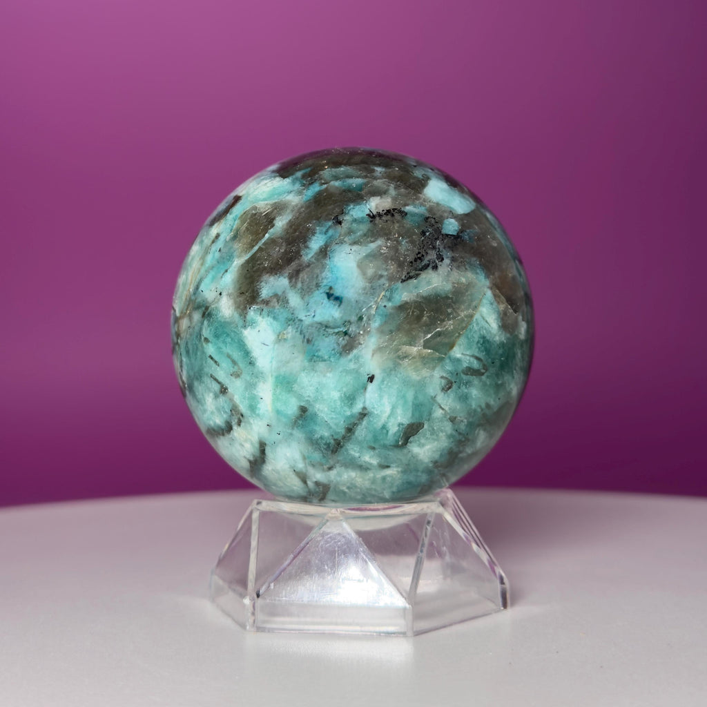 Amazonite & Smoky Quartz Sphere with Acrylic Stand – 66mm Collector Crystal