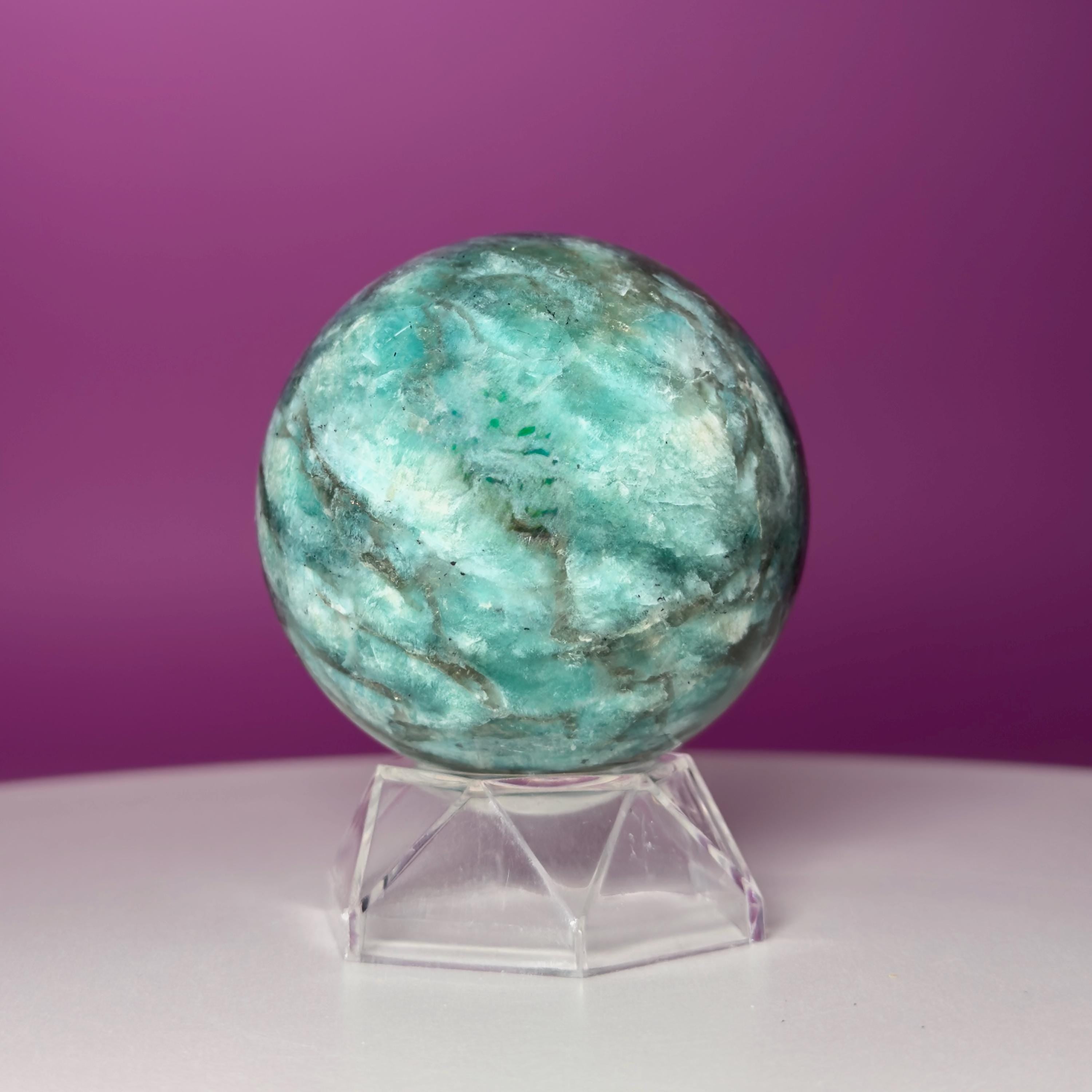 Amazonite & Smoky Quartz Sphere with Acrylic Stand – 66mm Collector Crystal